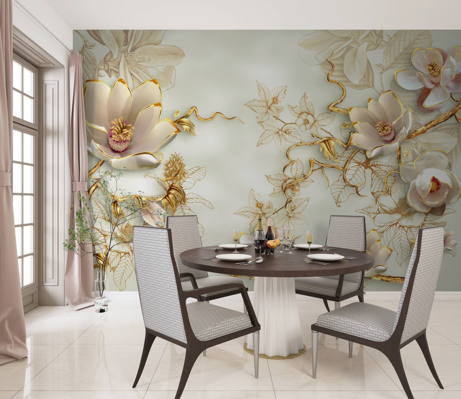 Фотошпалери гілки, всіяні золотистими та білосніжними квітами