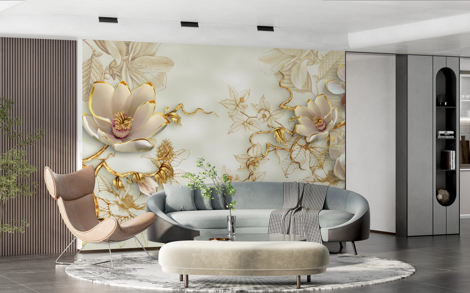 Фотошпалери гілки, всіяні золотистими та білосніжними квітами