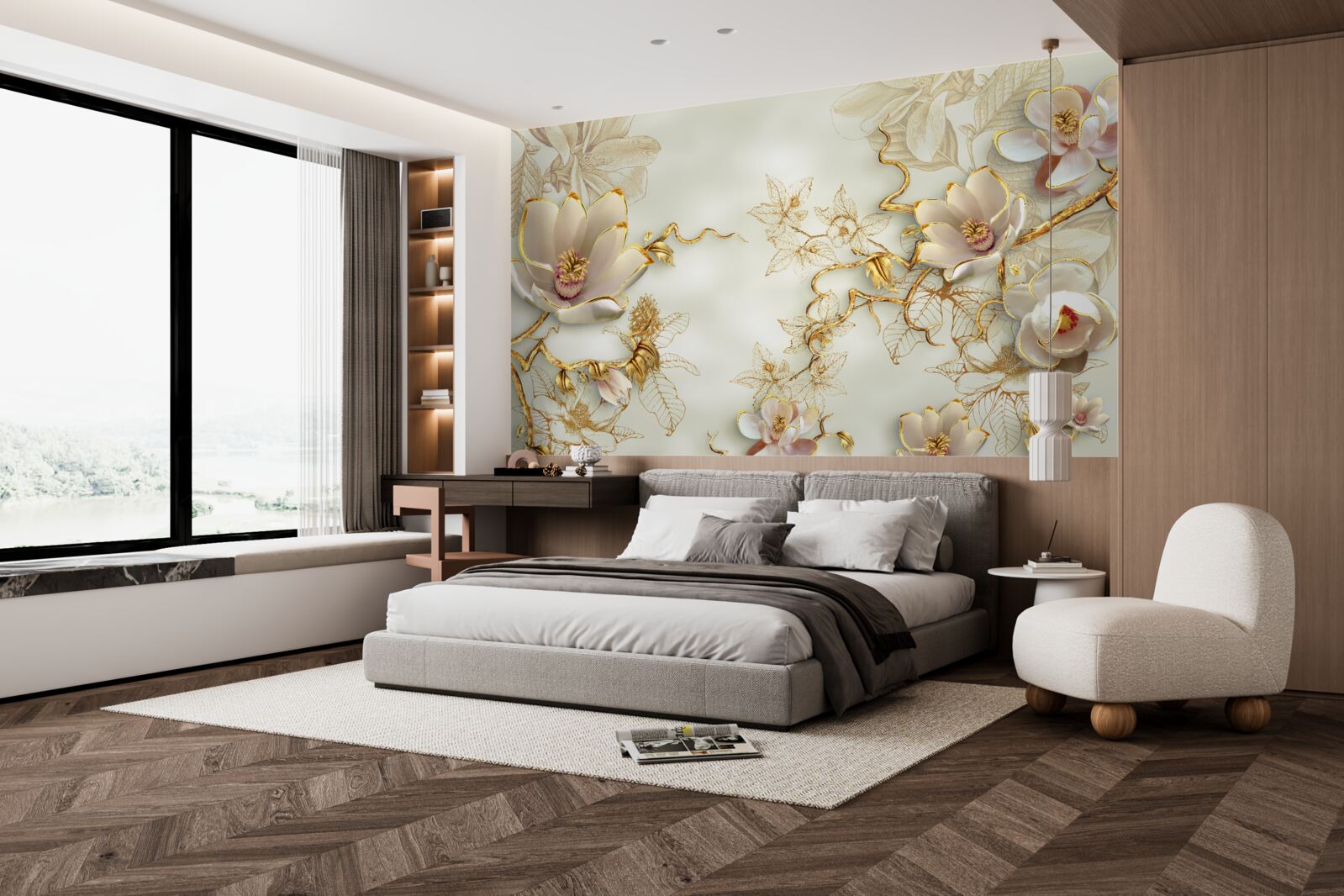 Фотошпалери гілки, всіяні золотистими та білосніжними квітами