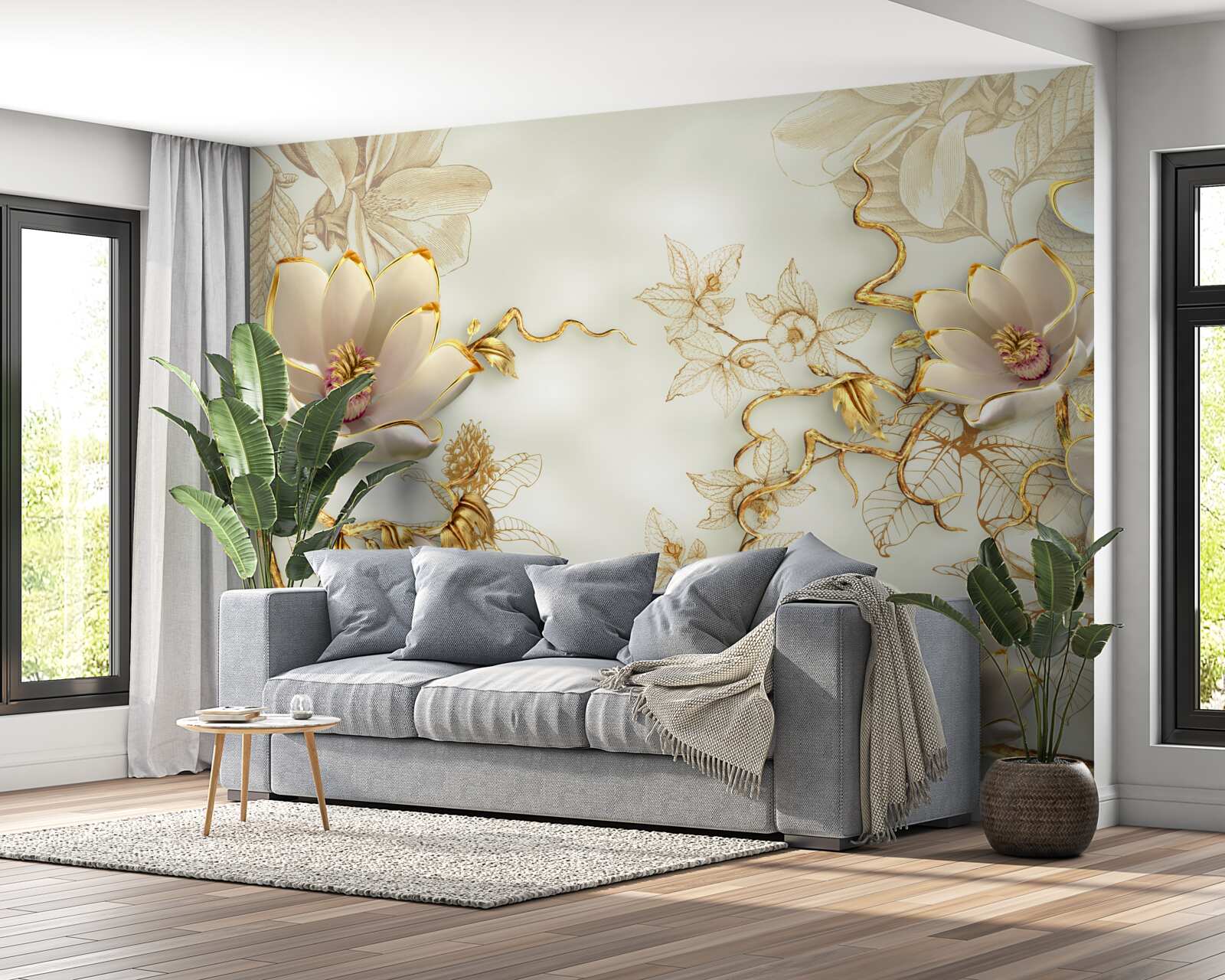 Фотошпалери гілки, всіяні золотистими та білосніжними квітами