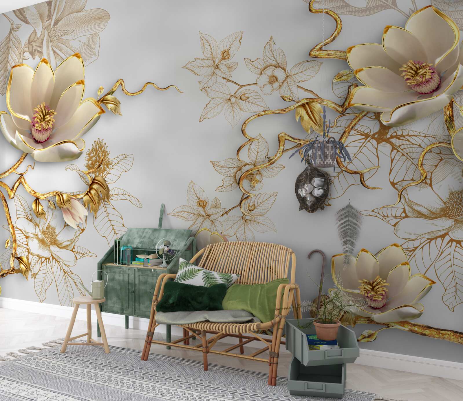 Фотошпалери магнолія, квітуча в золотих відтінках