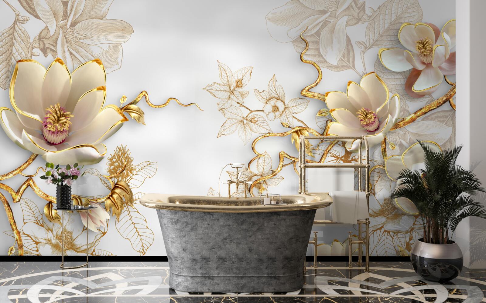 Фотошпалери магнолія, квітуча в золотих відтінках