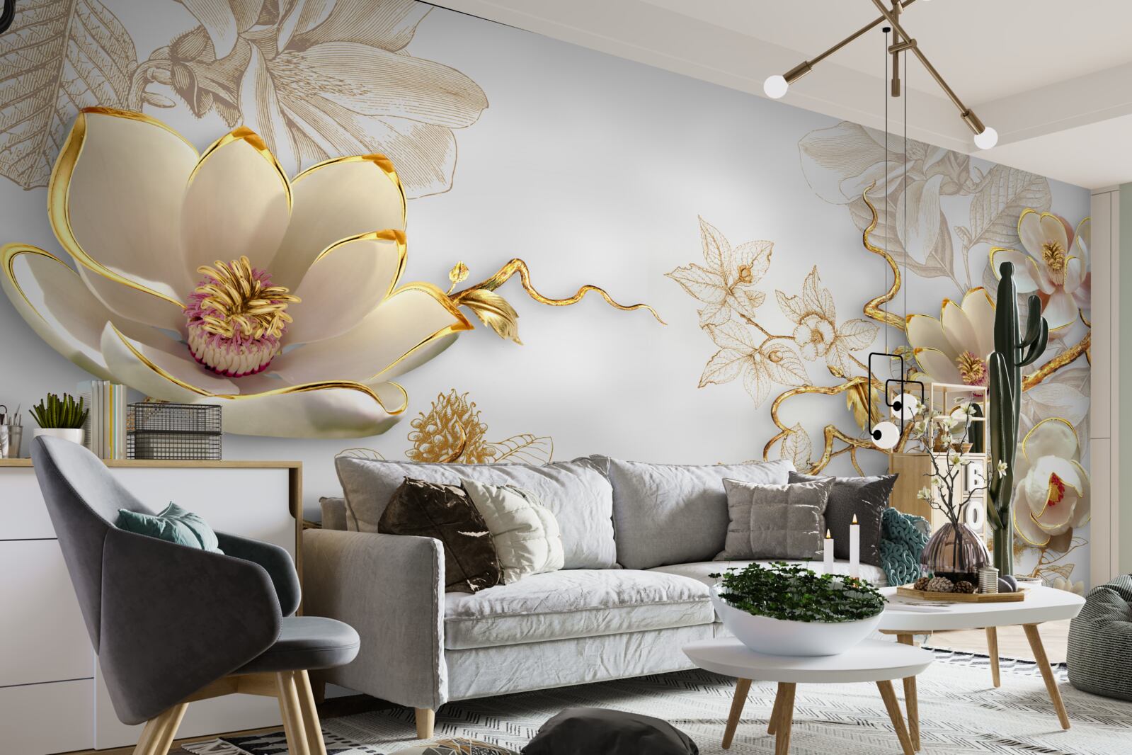 Фотошпалери магнолія, квітуча в золотих відтінках