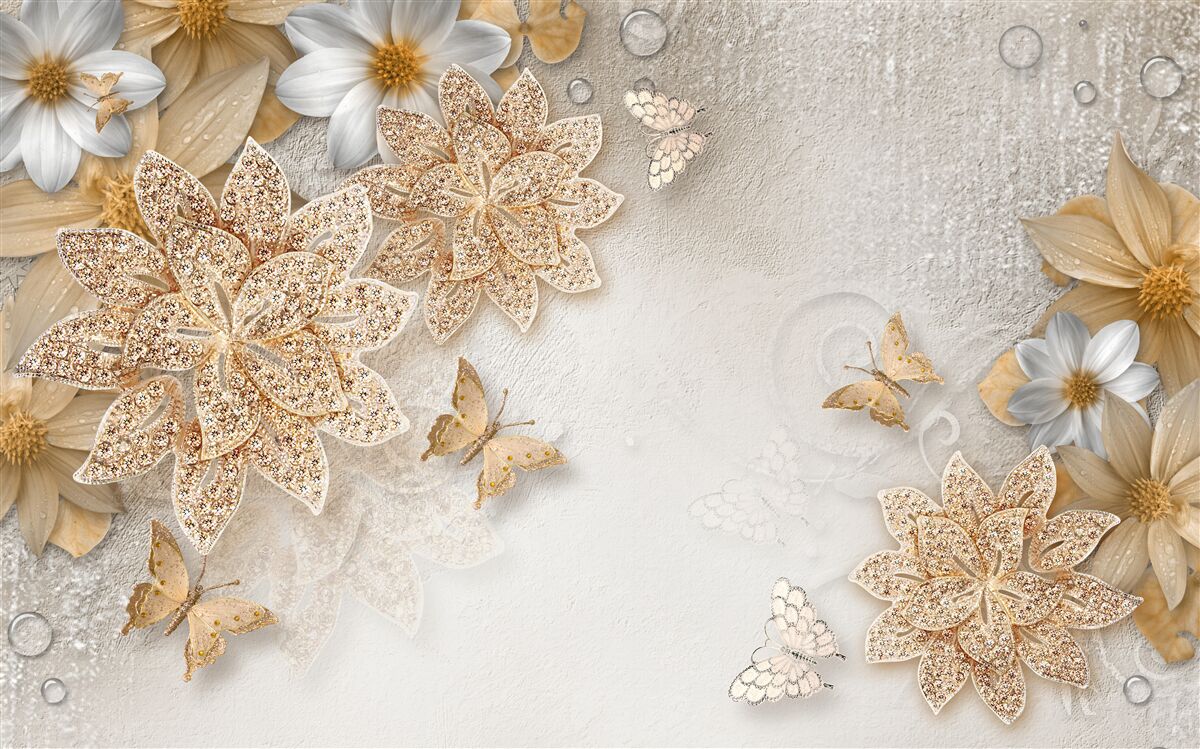 Фотошпалери білий лотос і квіти з золотим поділом