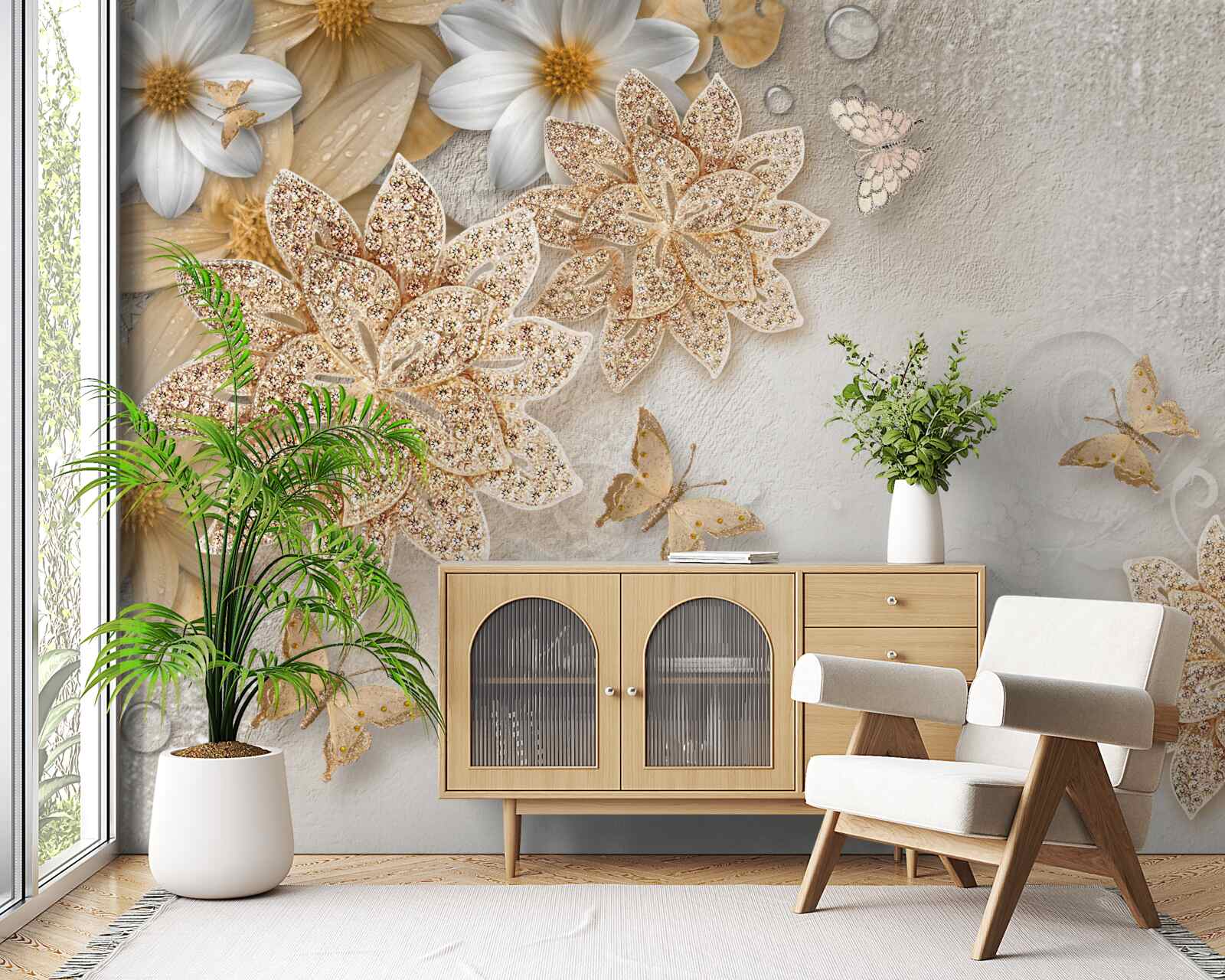 Фотошпалери білий лотос і квіти з золотим поділом