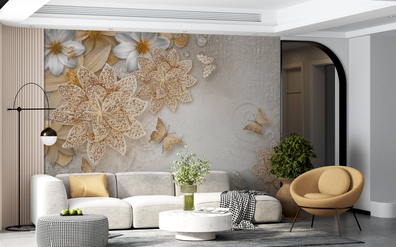 Фотошпалери білий лотос і квіти з золотим поділом