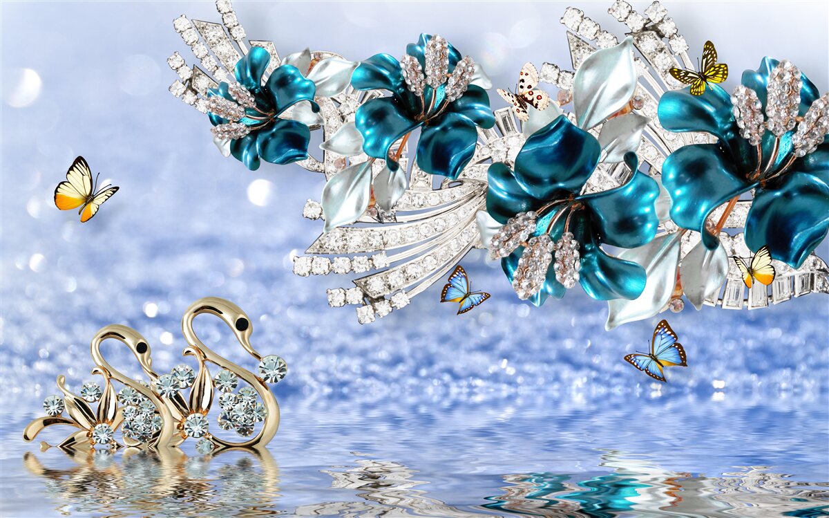 Фотошпалери магнолії з кришталево-синіми квітами та метеликами