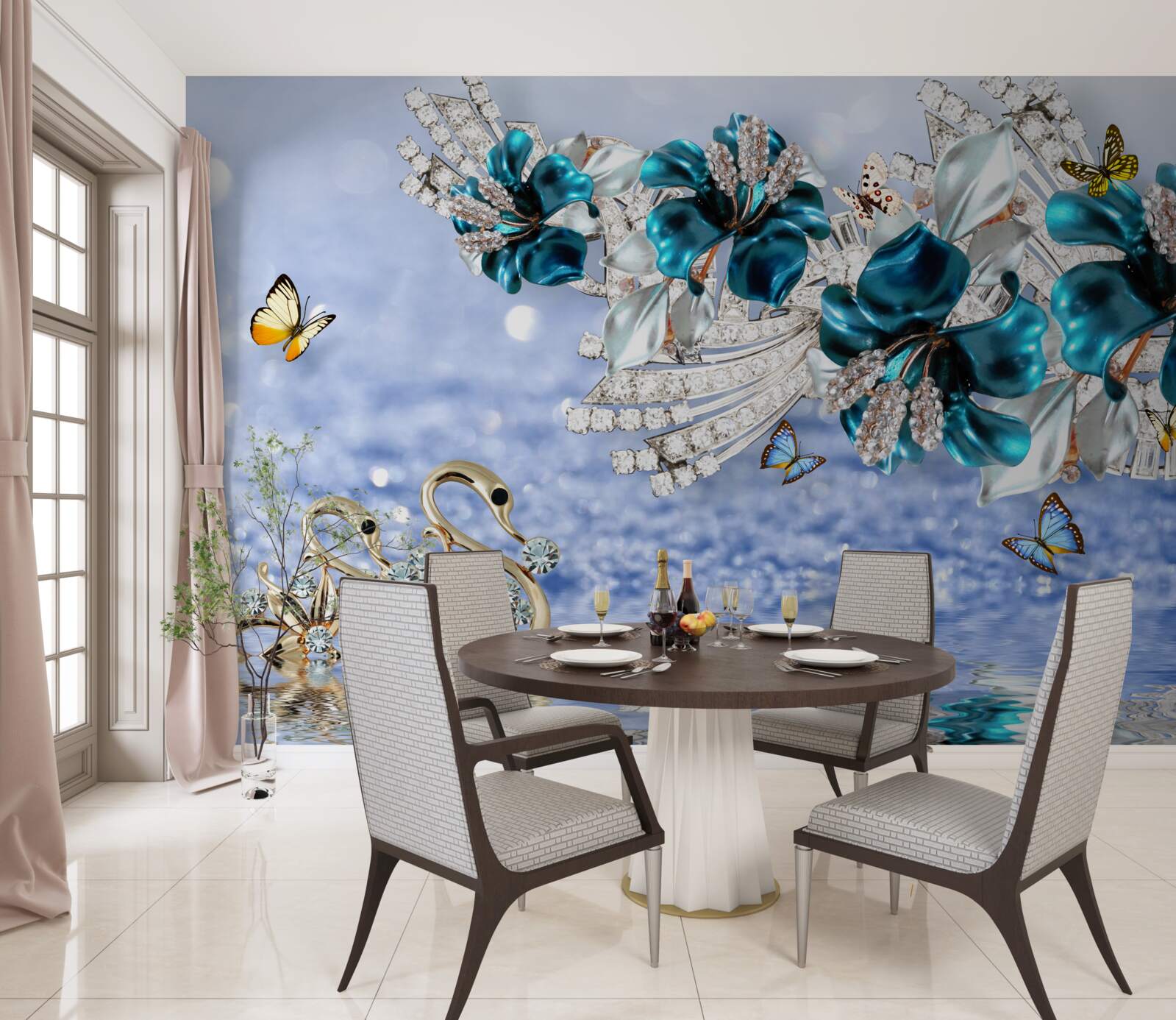 Фотошпалери магнолії з кришталево-синіми квітами та метеликами