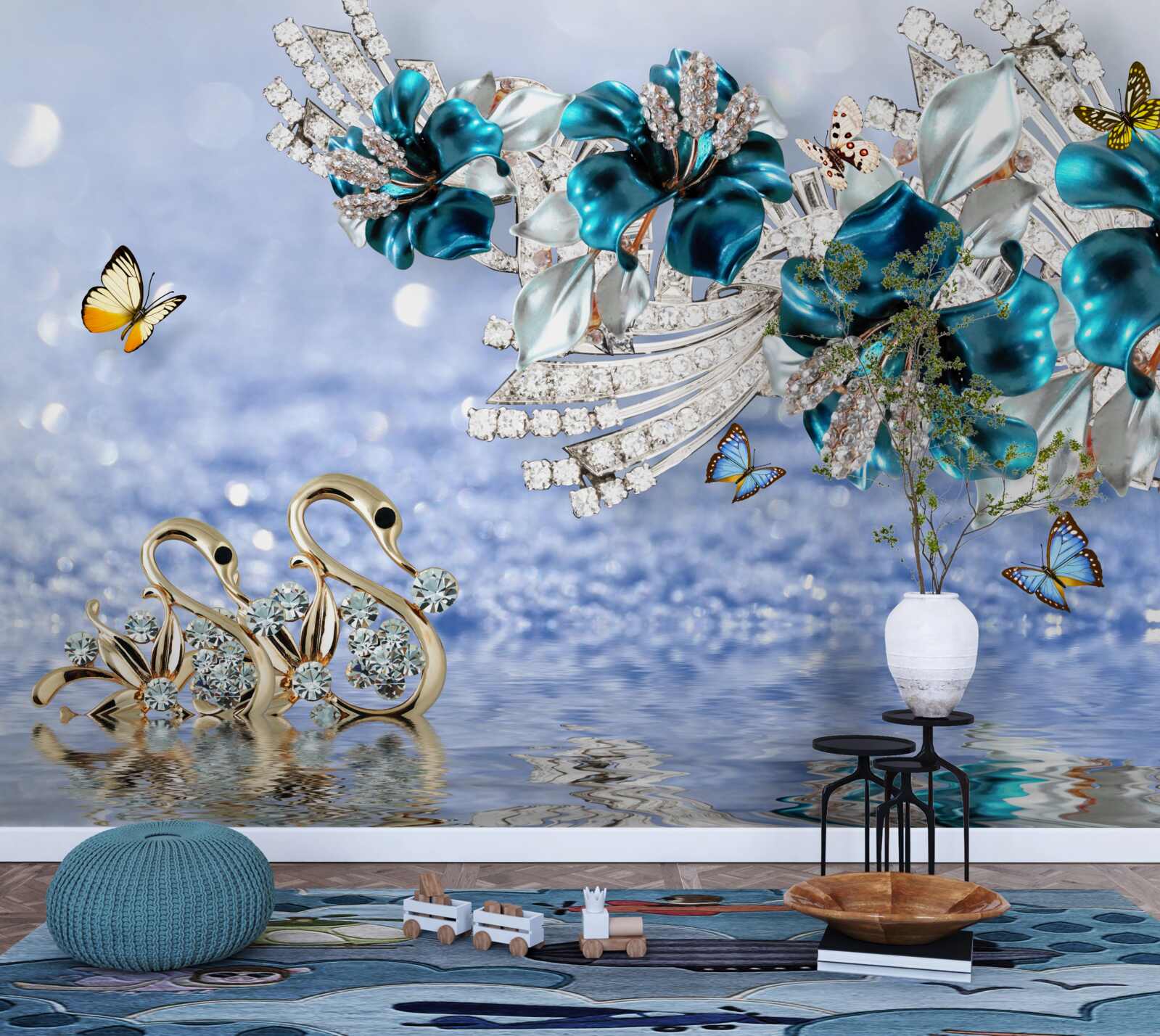 Фотошпалери магнолії з кришталево-синіми квітами та метеликами