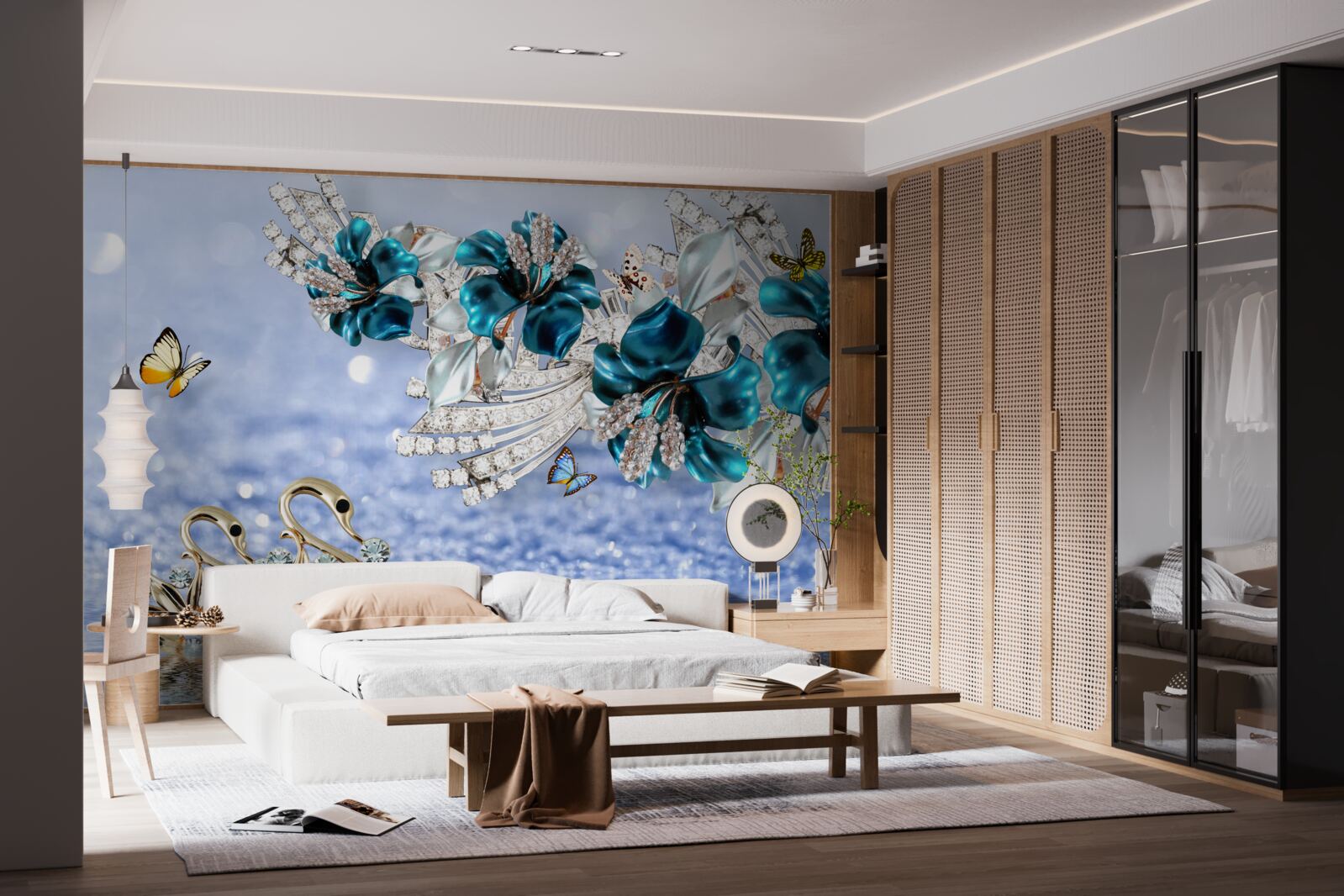 Фотошпалери магнолії з кришталево-синіми квітами та метеликами