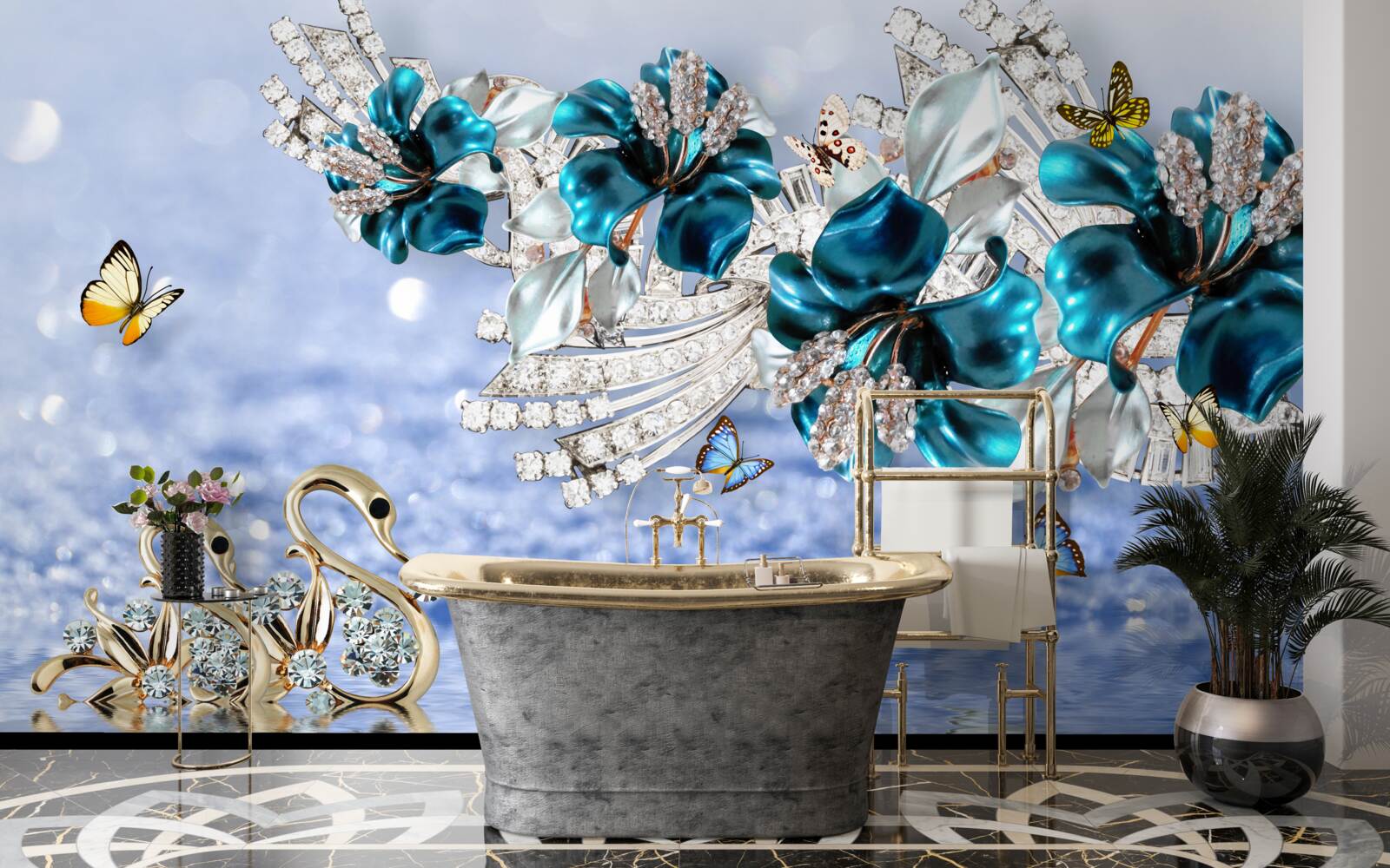 Фотошпалери магнолії з кришталево-синіми квітами та метеликами