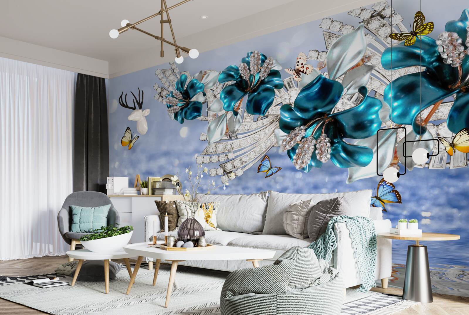 Фотошпалери магнолії з кришталево-синіми квітами та метеликами