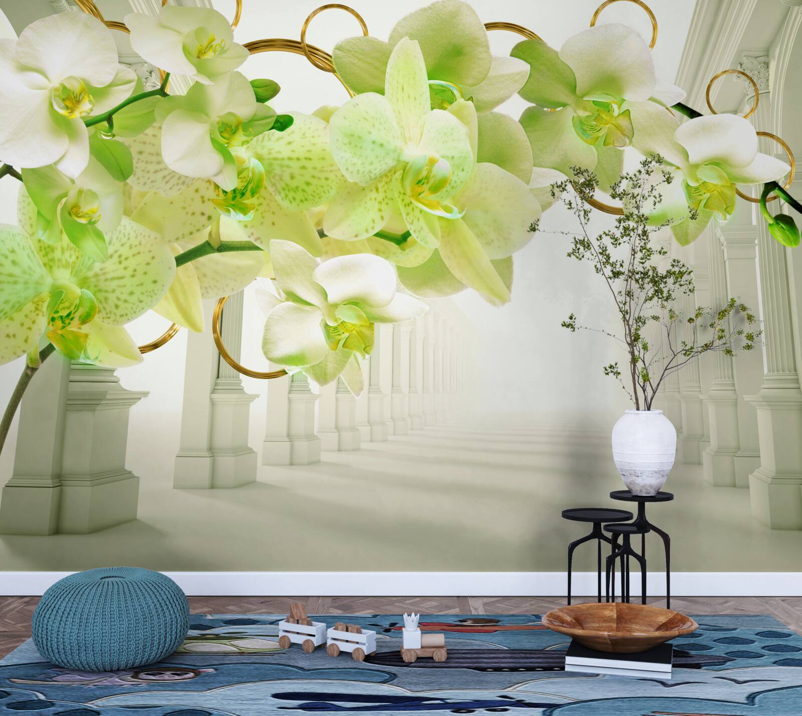 Фотошпалери біло-зелена орхідея на тлі білих колон