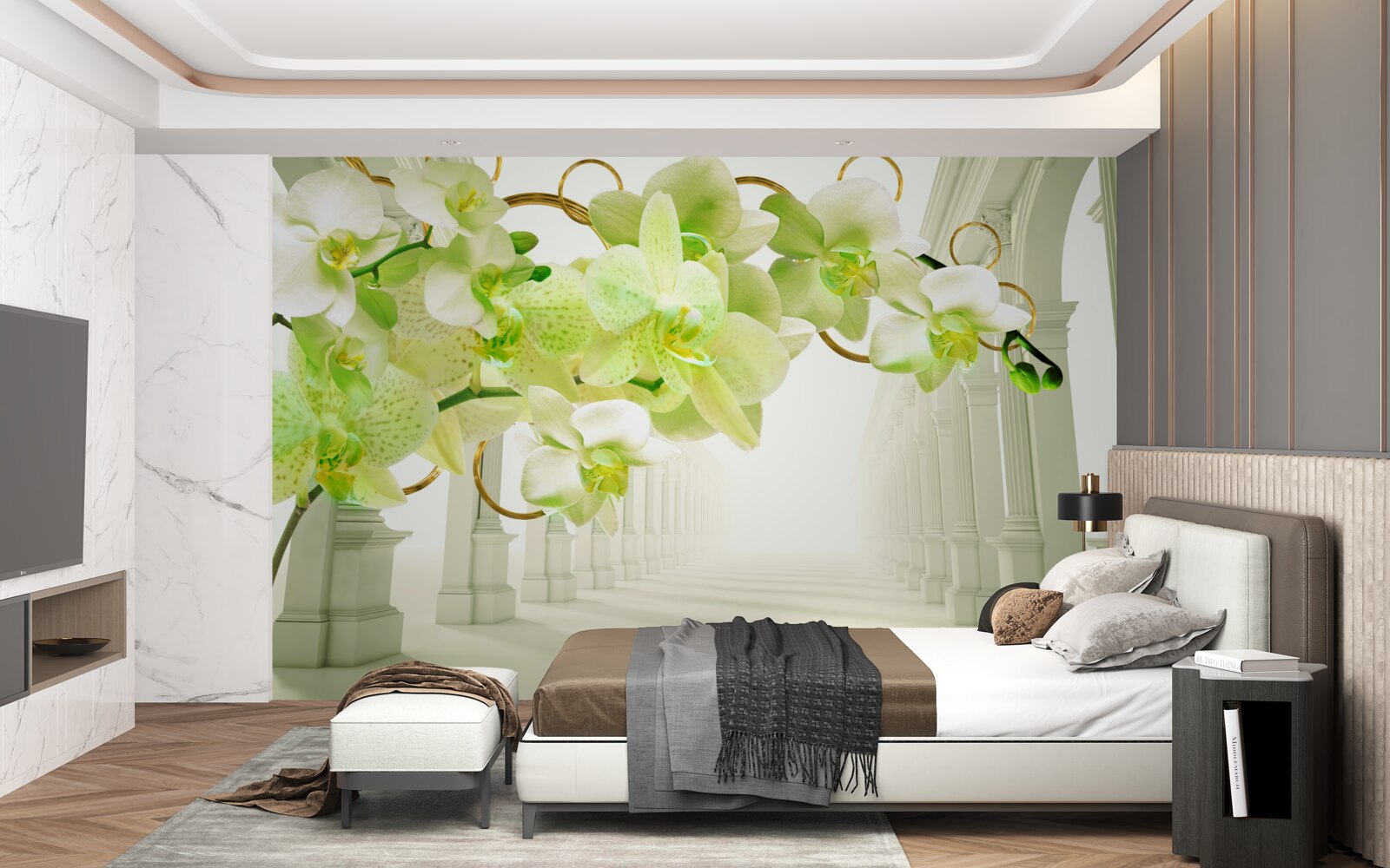 Фотошпалери біло-зелена орхідея на тлі білих колон