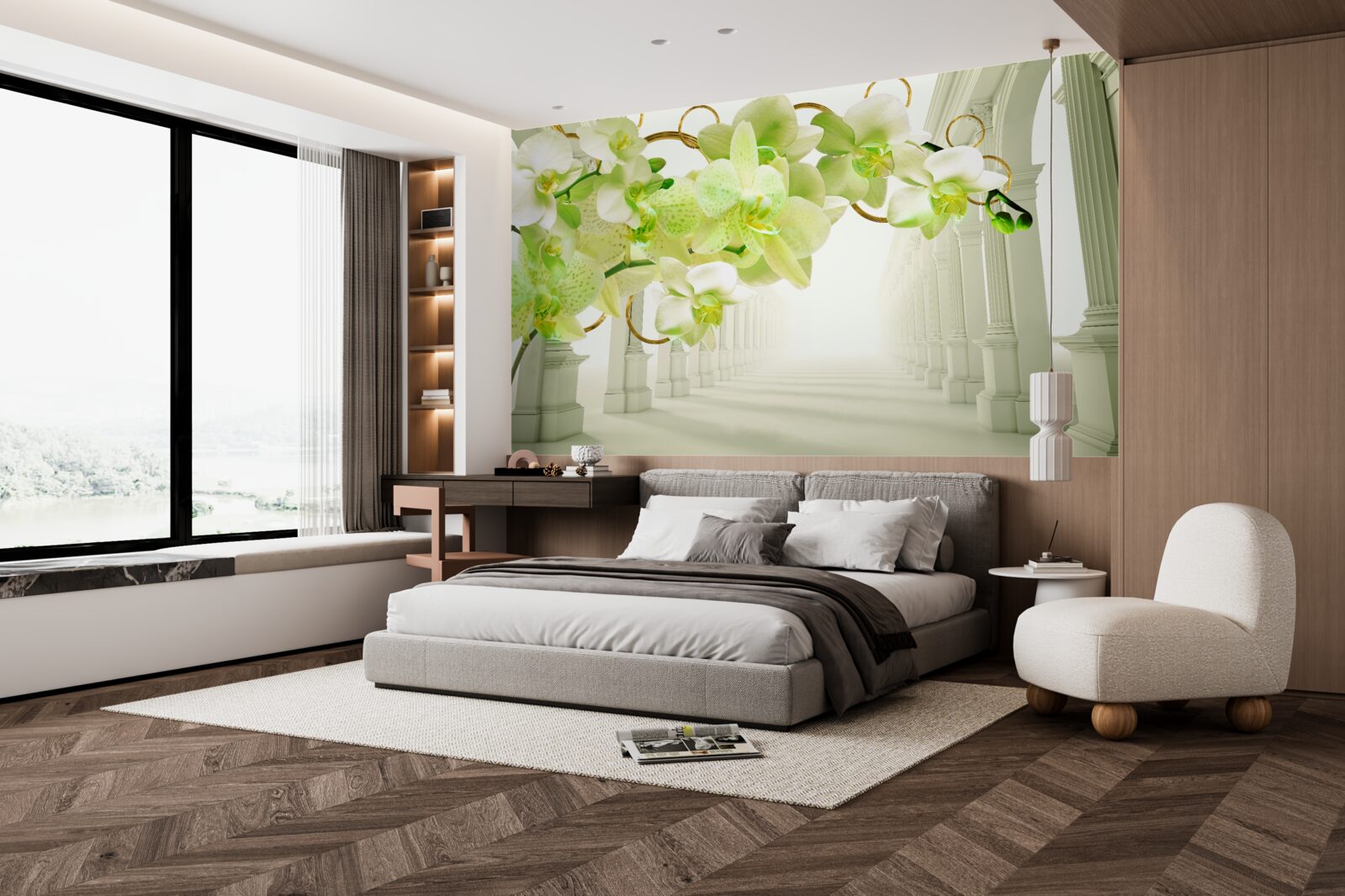 Фотошпалери біло-зелена орхідея на тлі білих колон