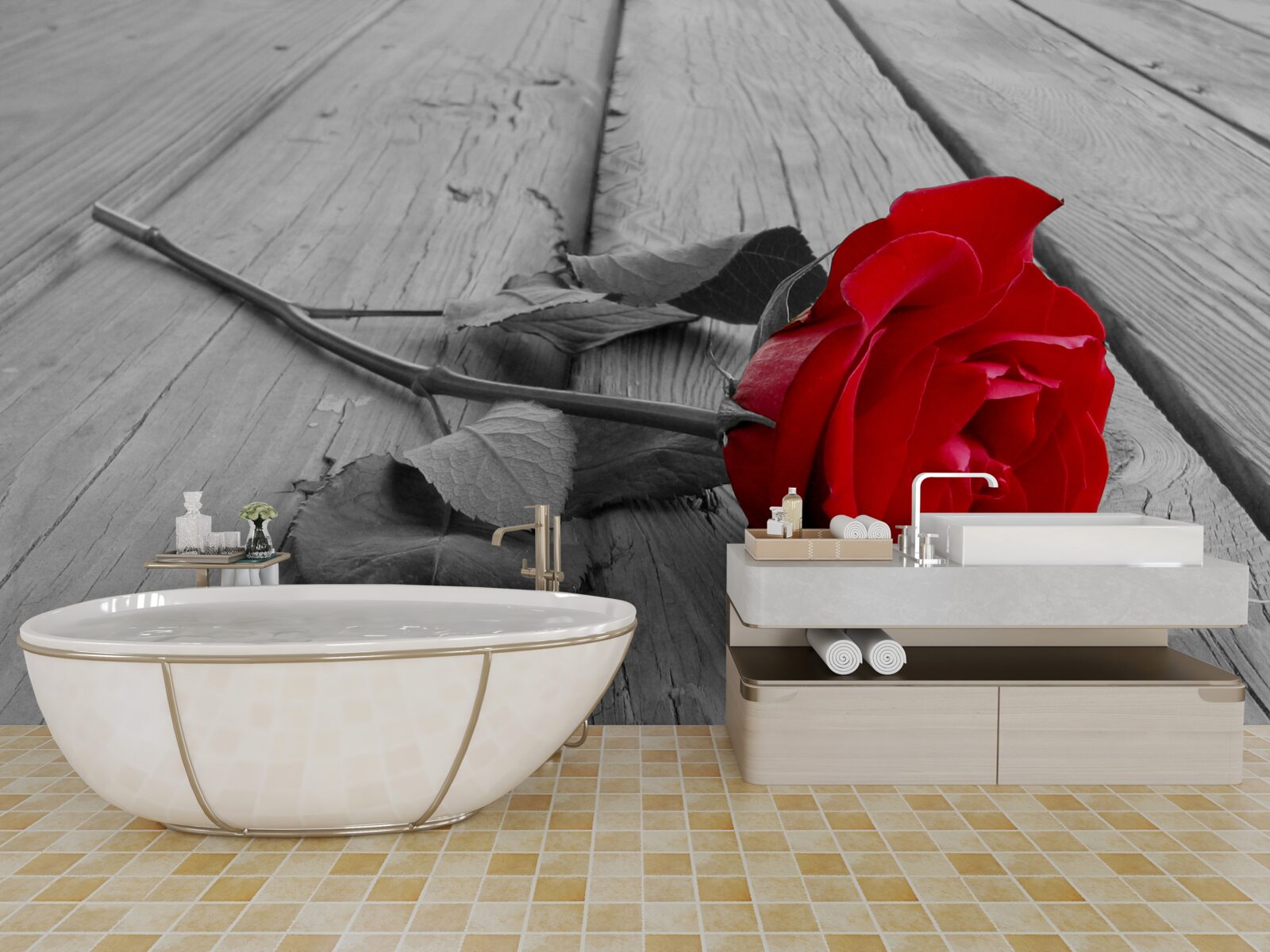 Фотошпалери на сірому тлі розквітла червона троянда