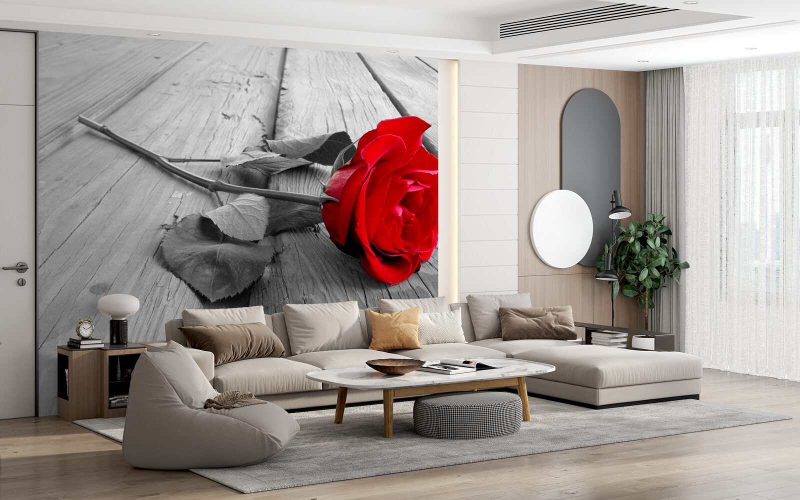 Фотошпалери на сірому тлі розквітла червона троянда