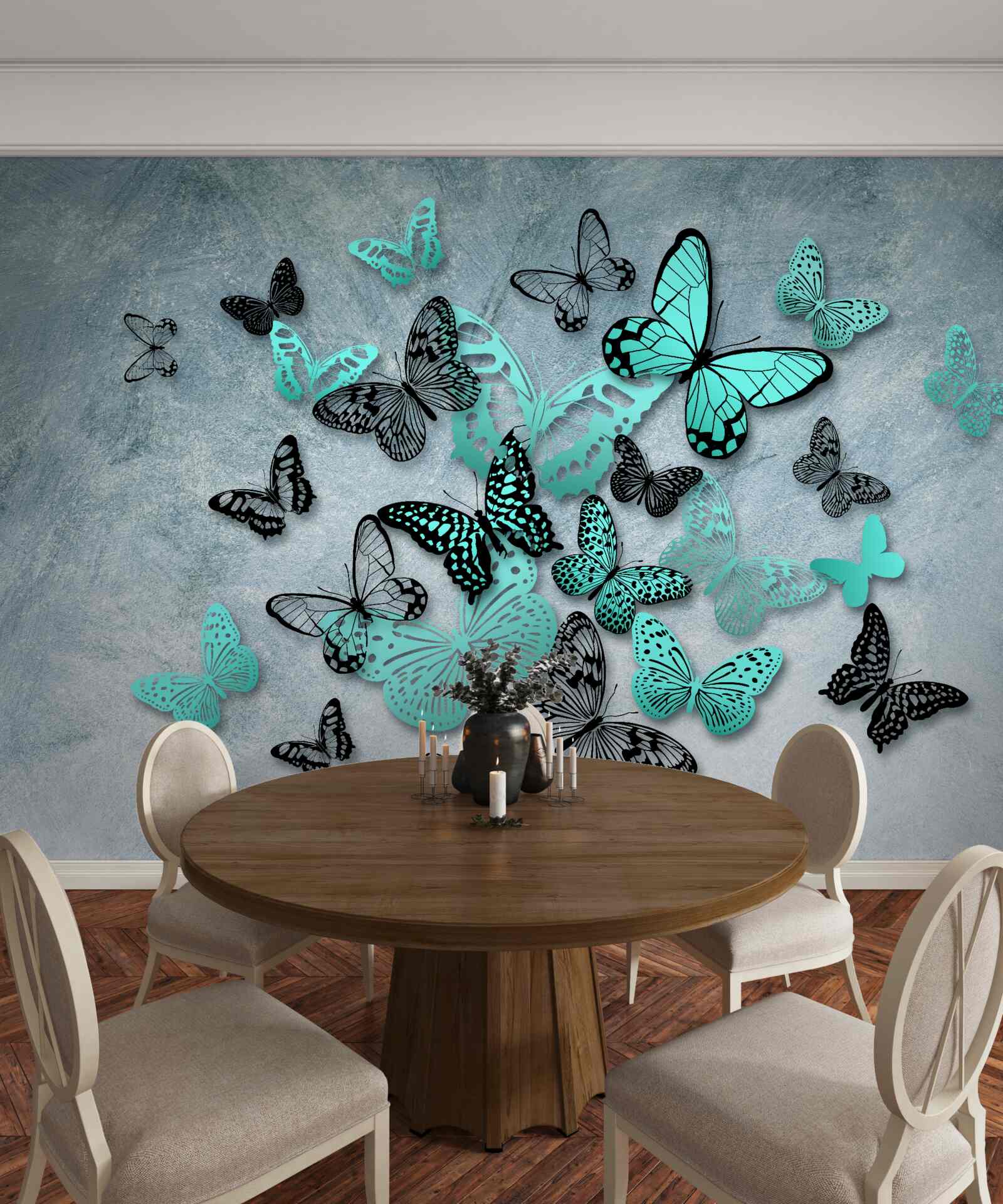 Фотошпалери сині метелики на сірому тлі