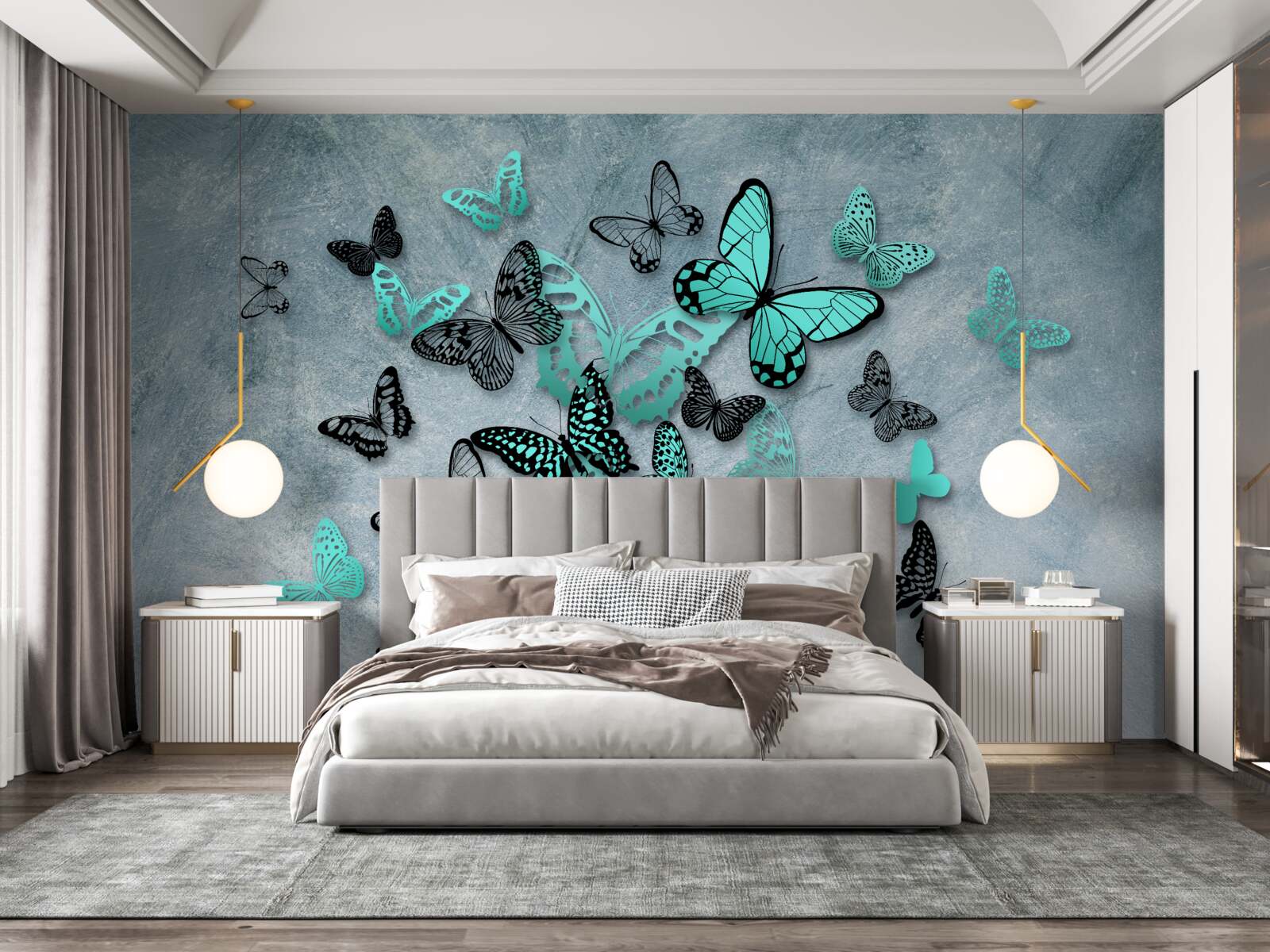 Фотошпалери сині метелики на сірому тлі