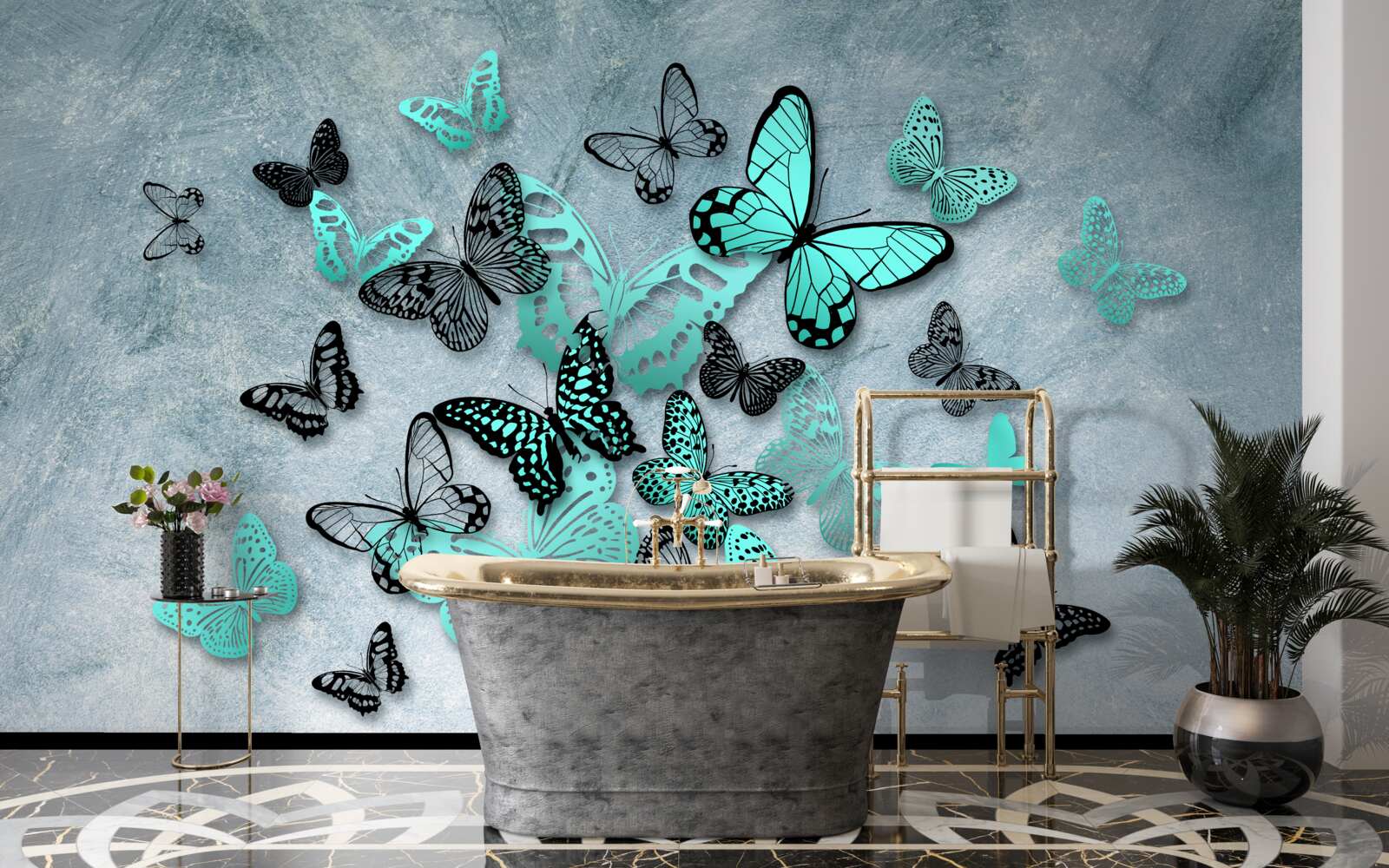 Фотошпалери сині метелики на сірому тлі