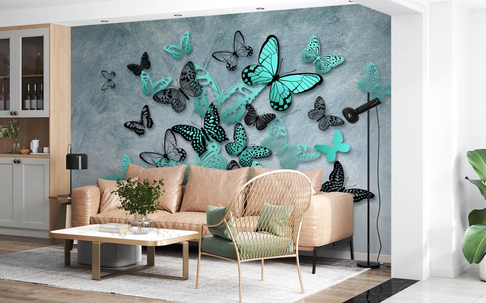 Фотошпалери сині метелики на сірому тлі