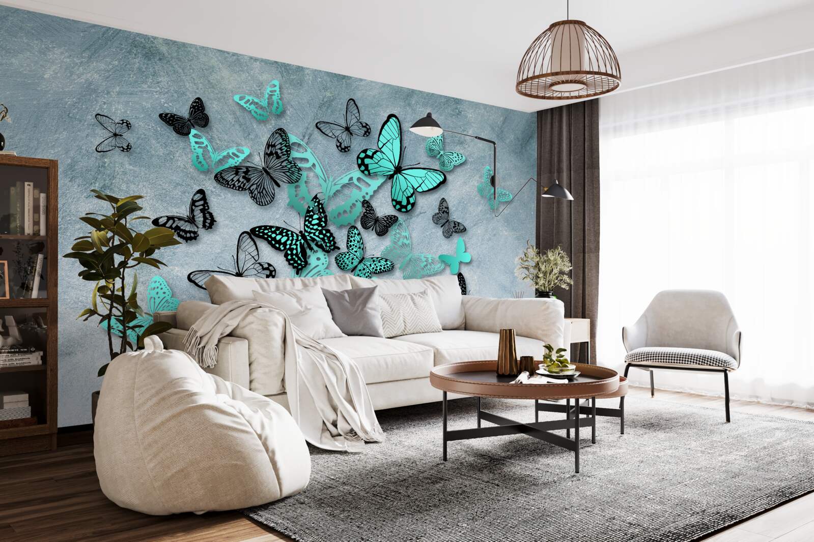 Фотошпалери сині метелики на сірому тлі