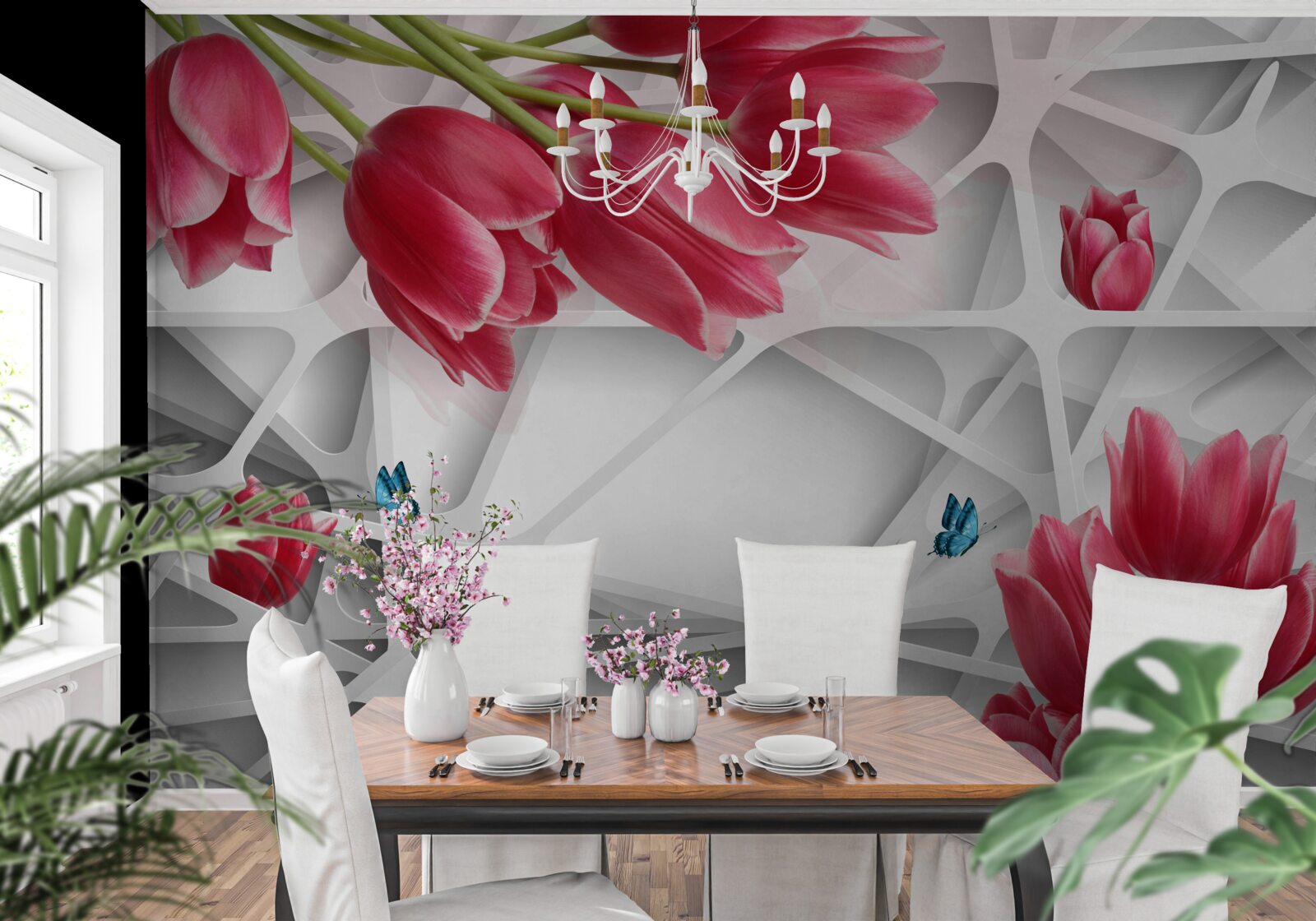 Фотошпалери метелики та червоні бутони тюльпанів