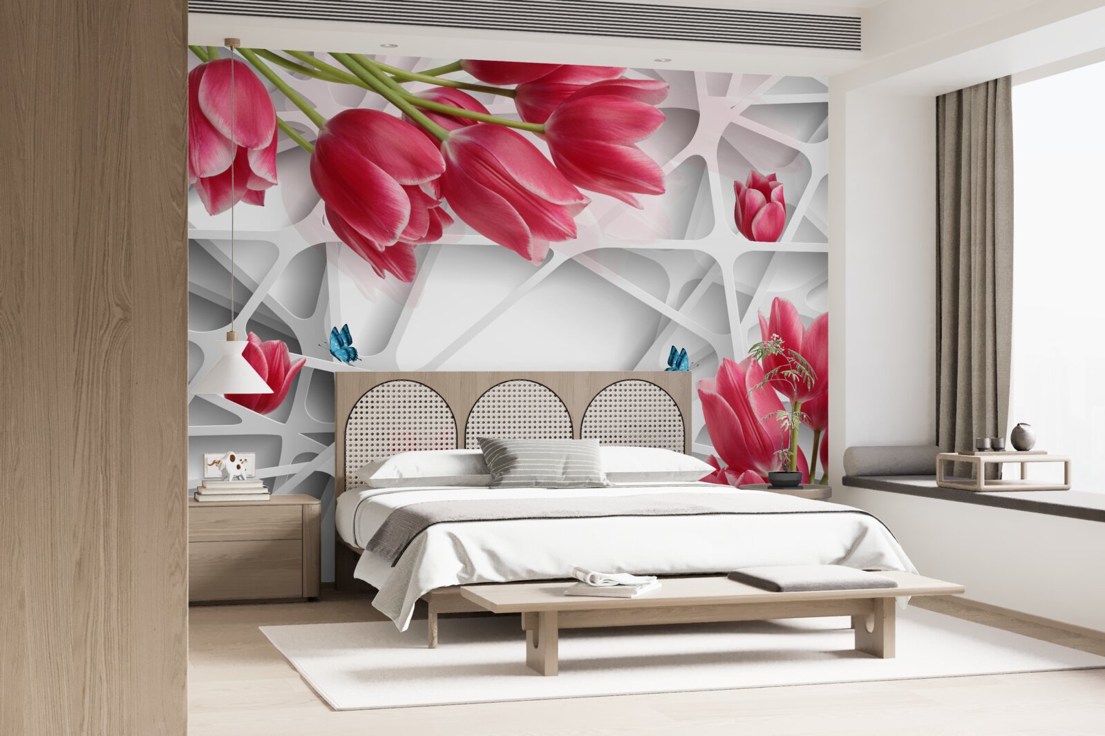 Фотошпалери метелики та червоні бутони тюльпанів