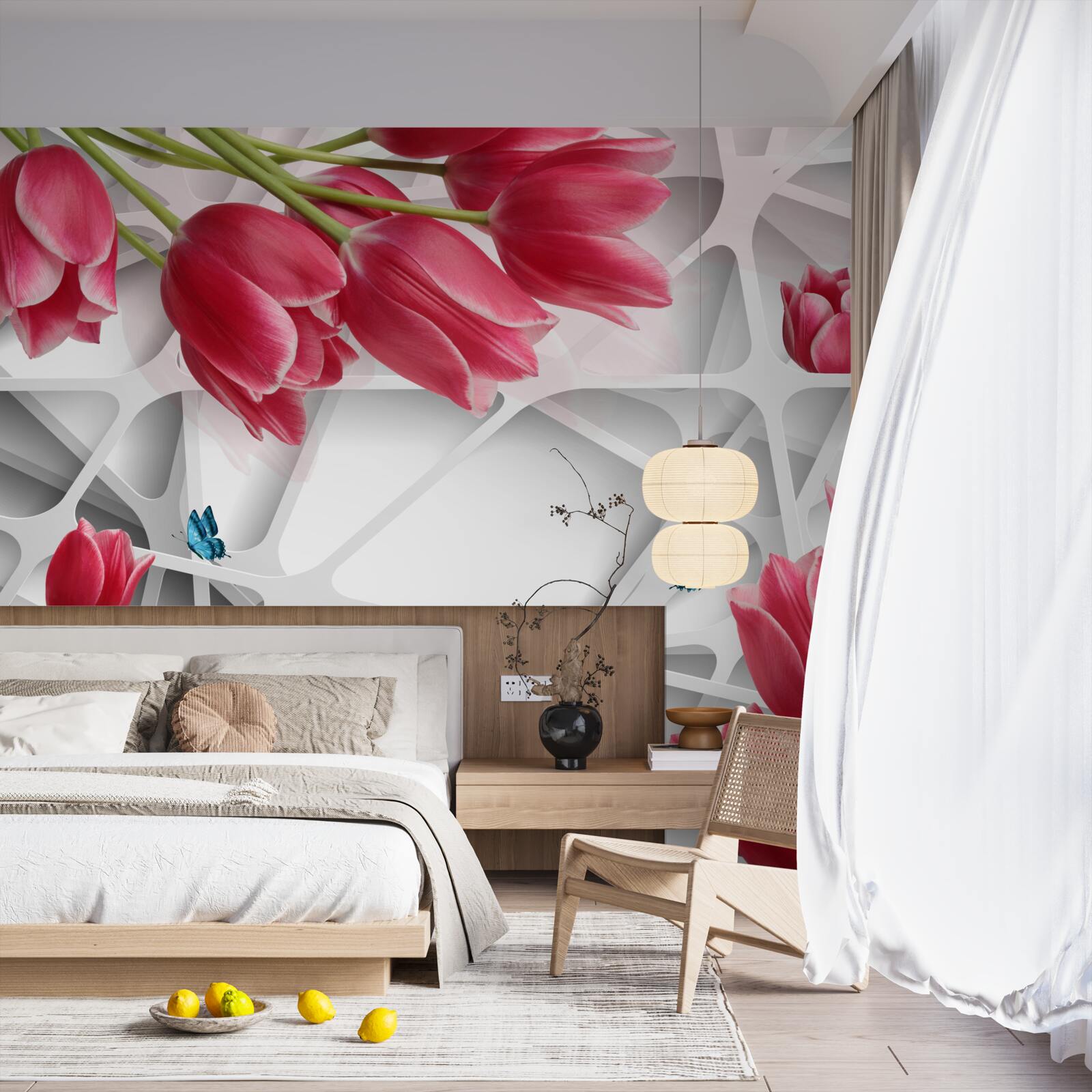 Фотошпалери метелики та червоні бутони тюльпанів