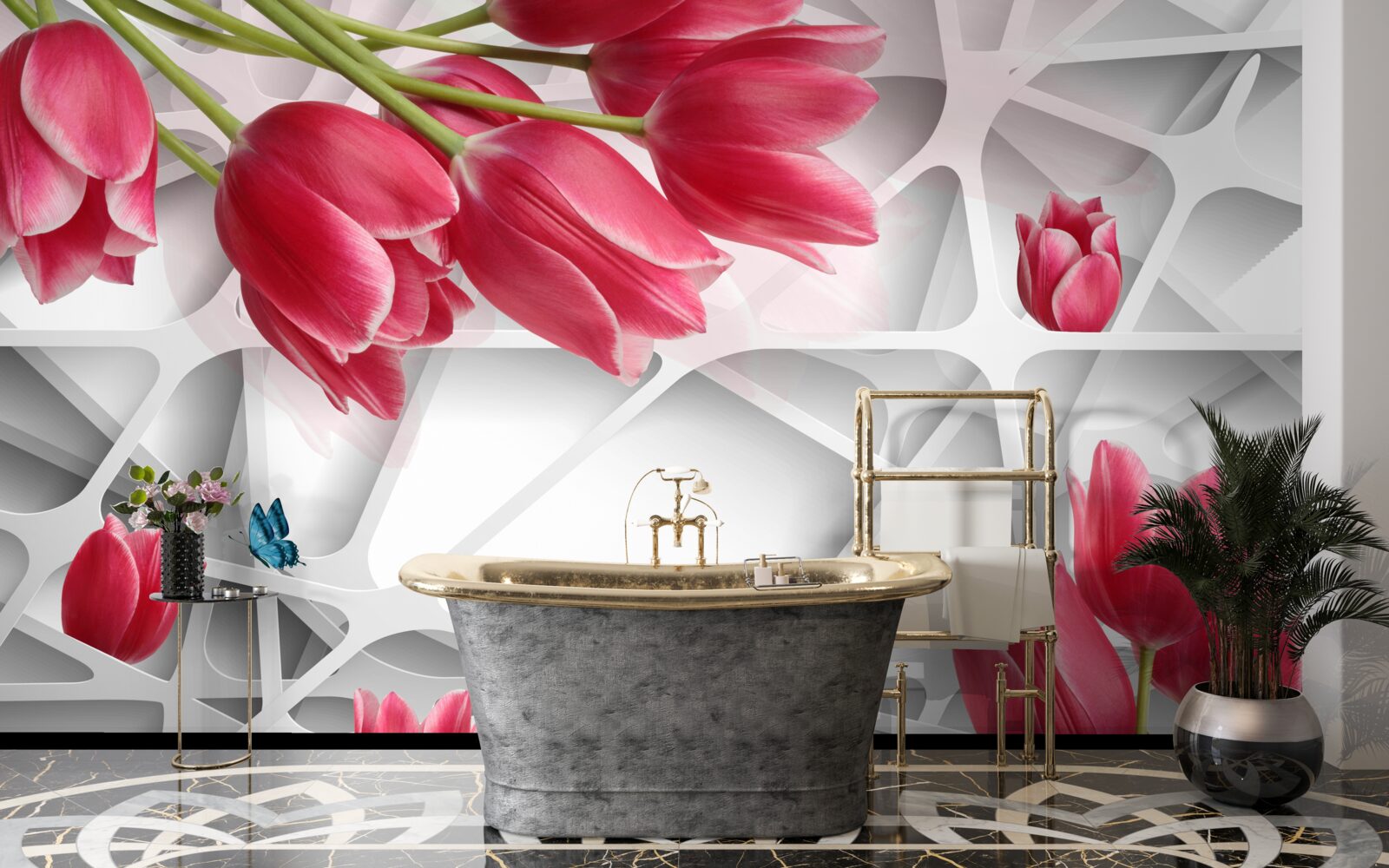 Фотошпалери метелики та червоні бутони тюльпанів