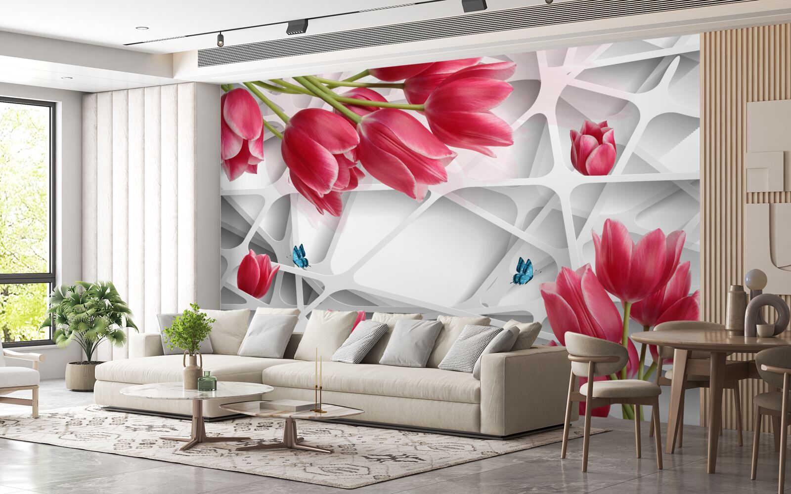 Фотошпалери метелики та червоні бутони тюльпанів