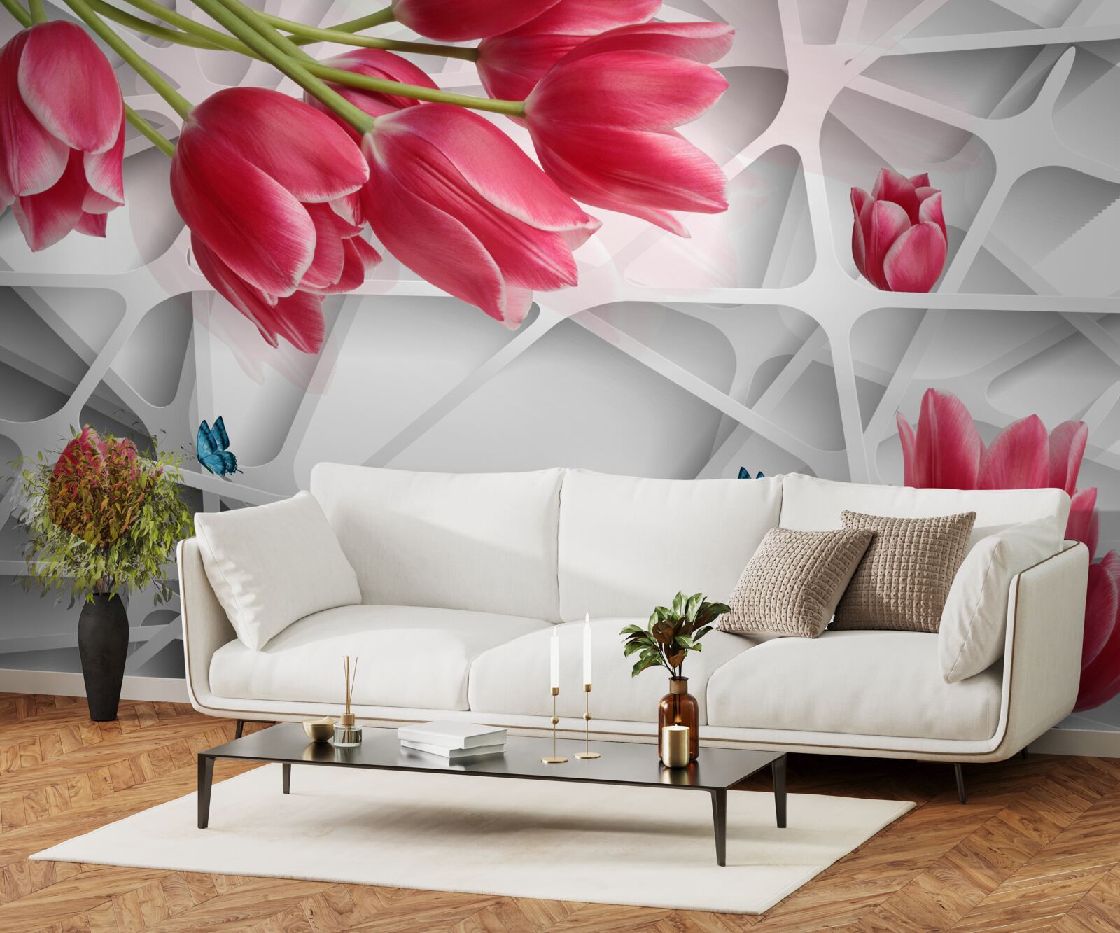 Фотошпалери метелики та червоні бутони тюльпанів