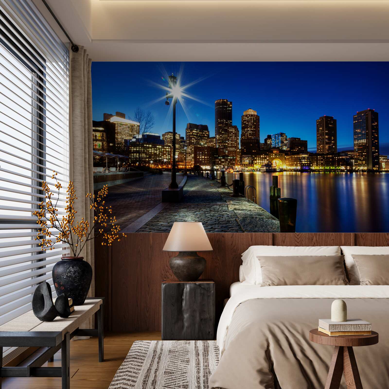 Фотошпалери панорама міста з видом на порожню набережну