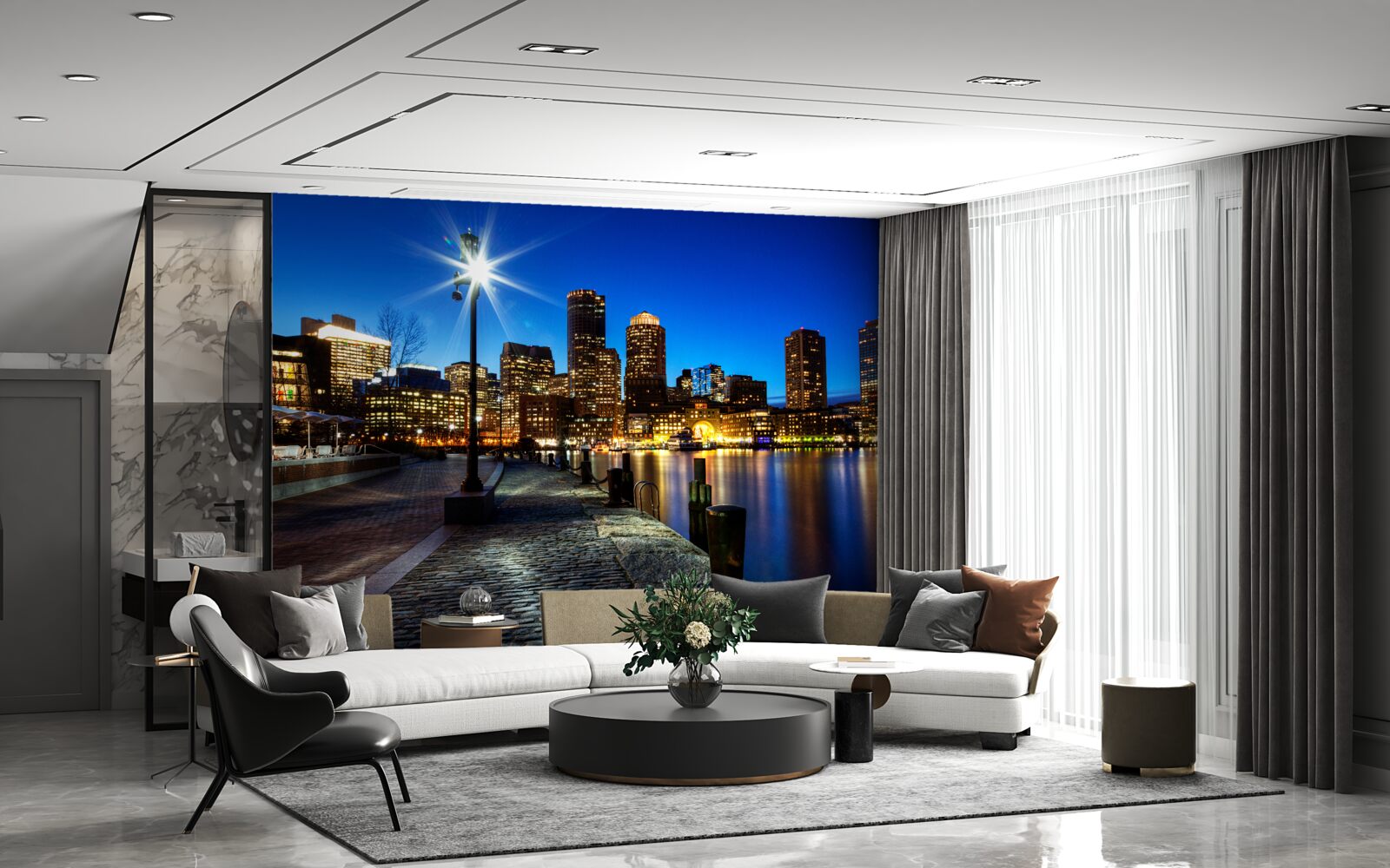 Фотошпалери панорама міста з видом на порожню набережну