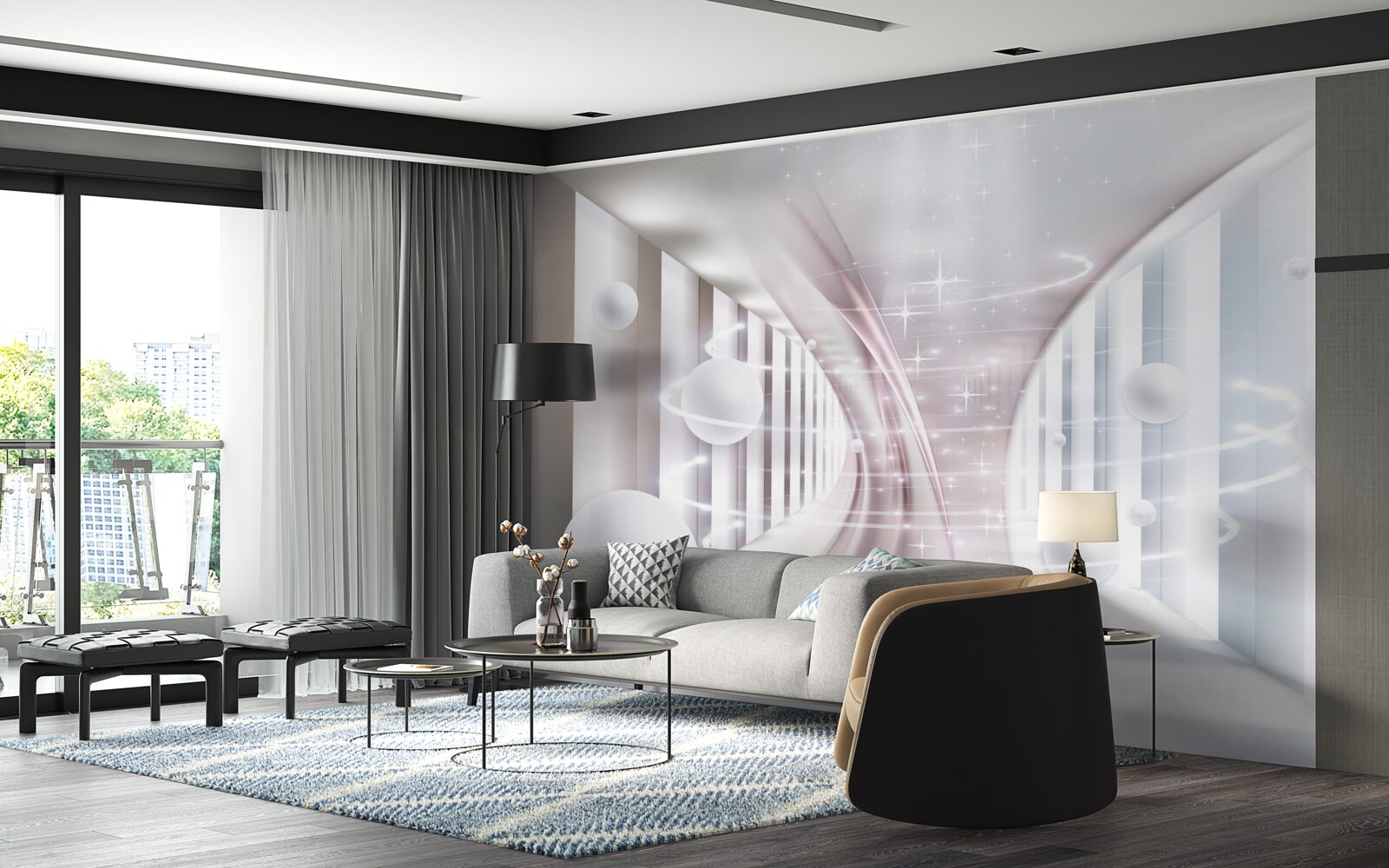 Фотошпалери абстрактні кулі та тунель квадратної форми