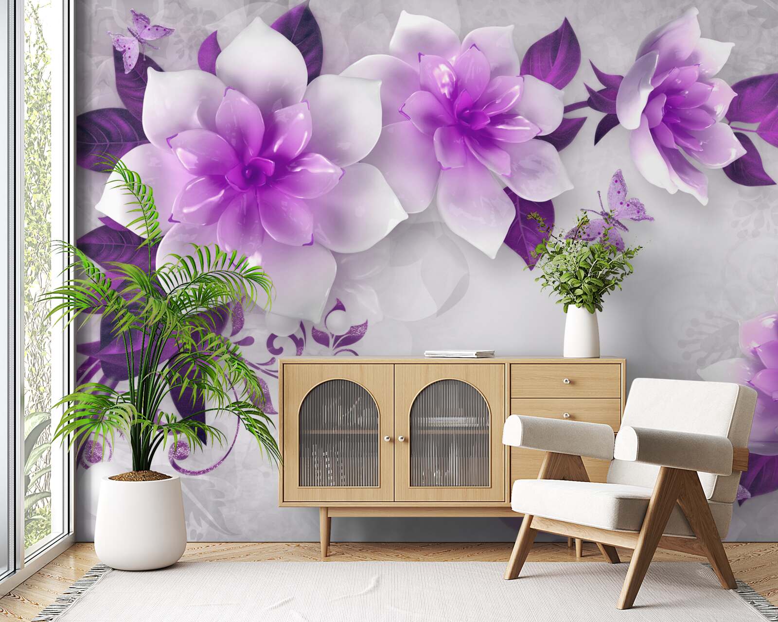 Фотошпалери біле тло, прикрашене фіалковими квітами