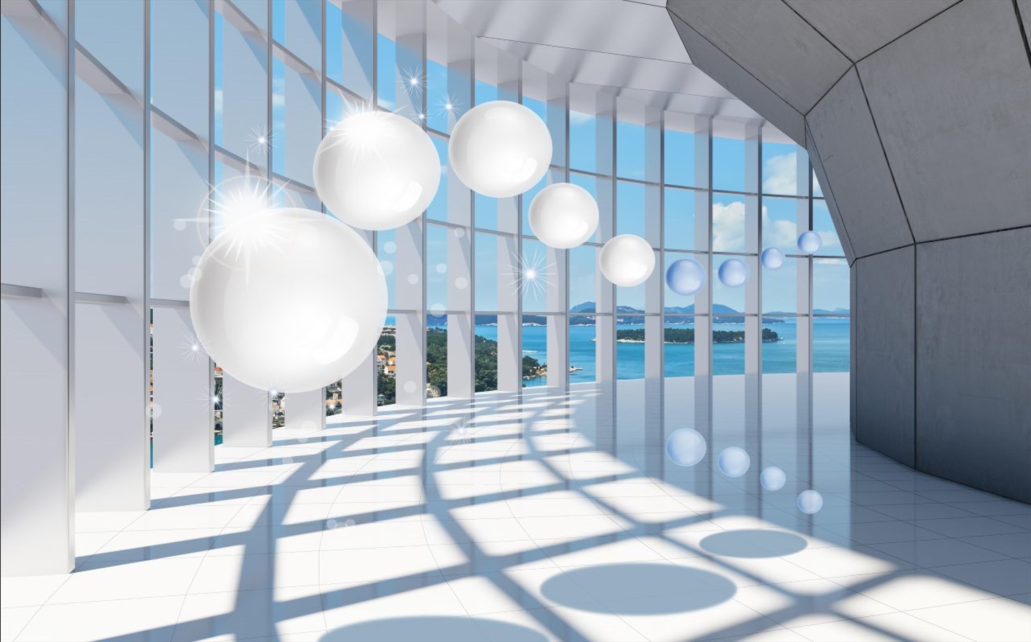 Фотошпалери на тлі неба в тунель влітають білі кульки