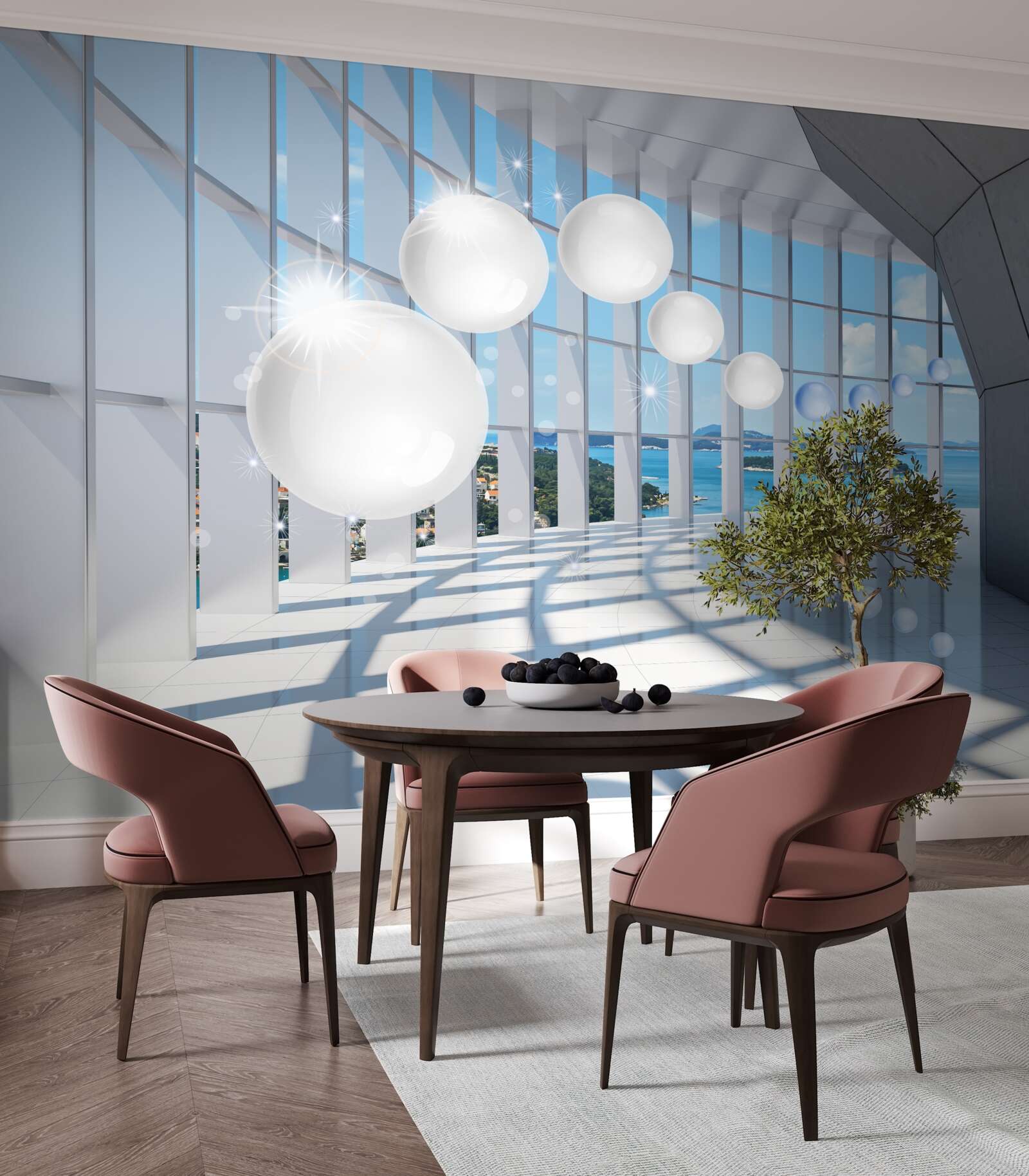 Фотошпалери на тлі неба в тунель влітають білі кульки