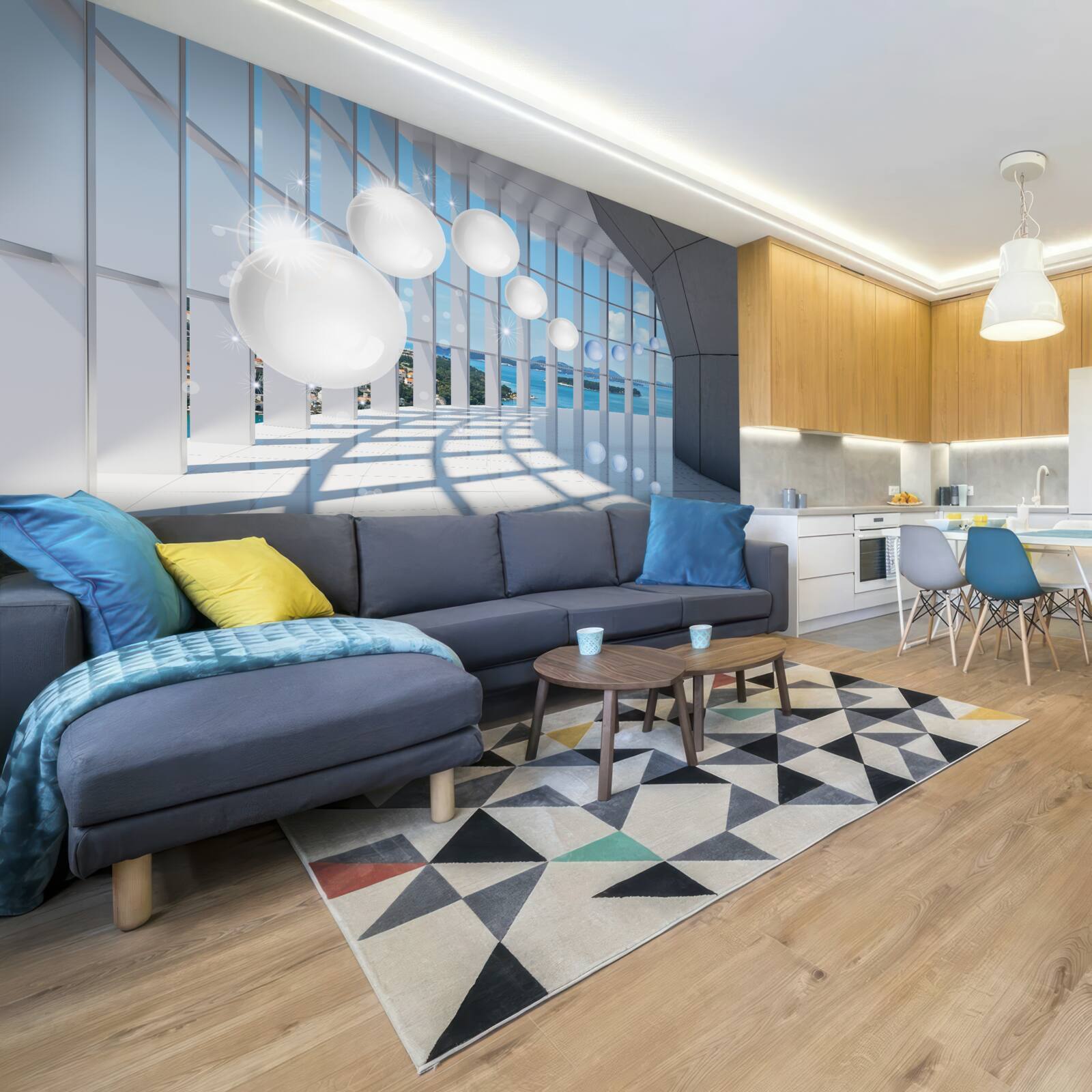 Фотошпалери на тлі неба в тунель влітають білі кульки