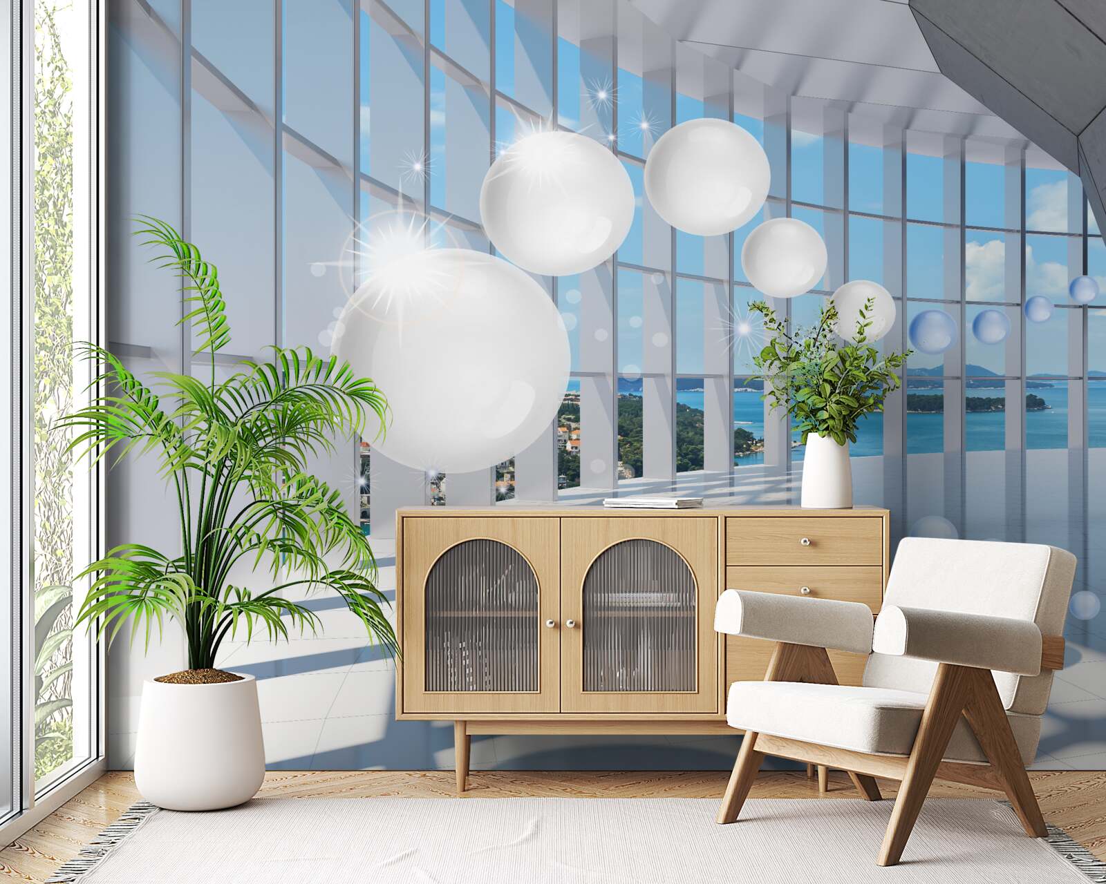 Фотошпалери на тлі неба в тунель влітають білі кульки