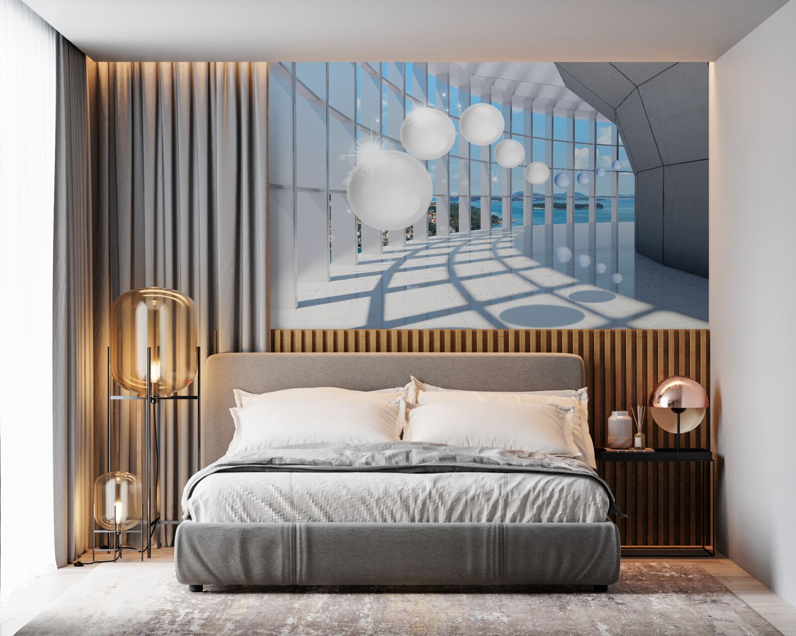 Фотошпалери на тлі неба в тунель влітають білі кульки