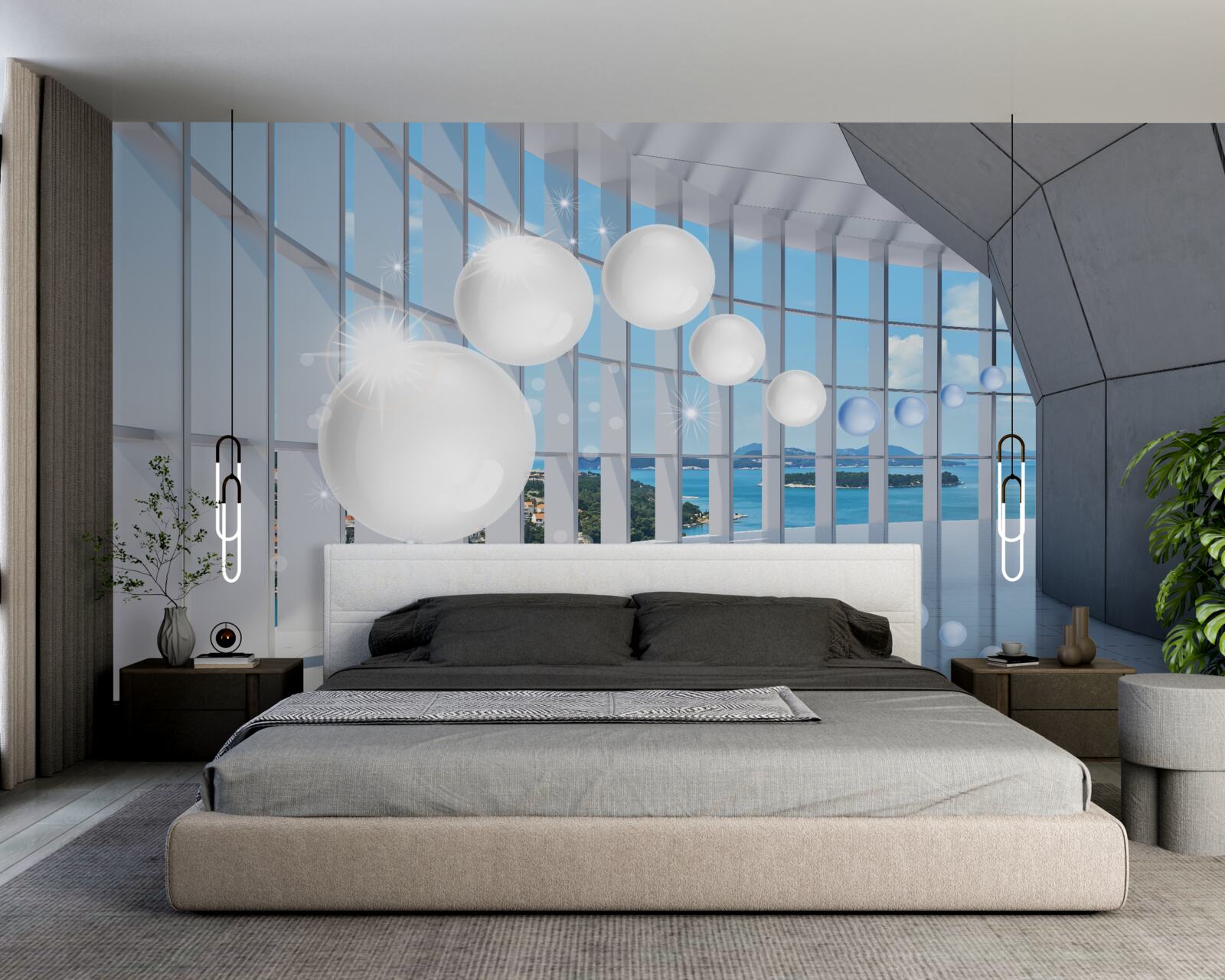 Фотошпалери на тлі неба в тунель влітають білі кульки