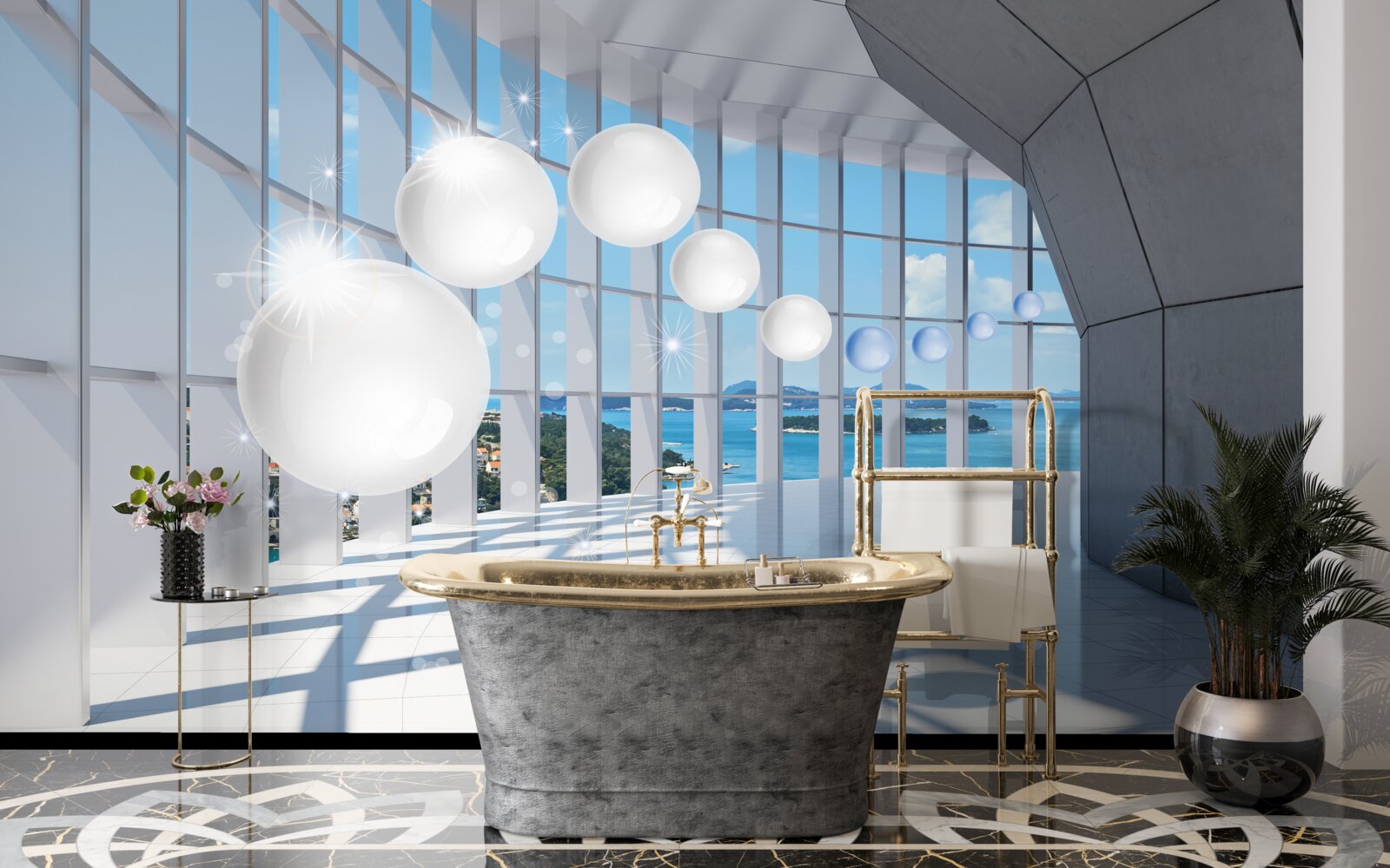 Фотошпалери на тлі неба в тунель влітають білі кульки