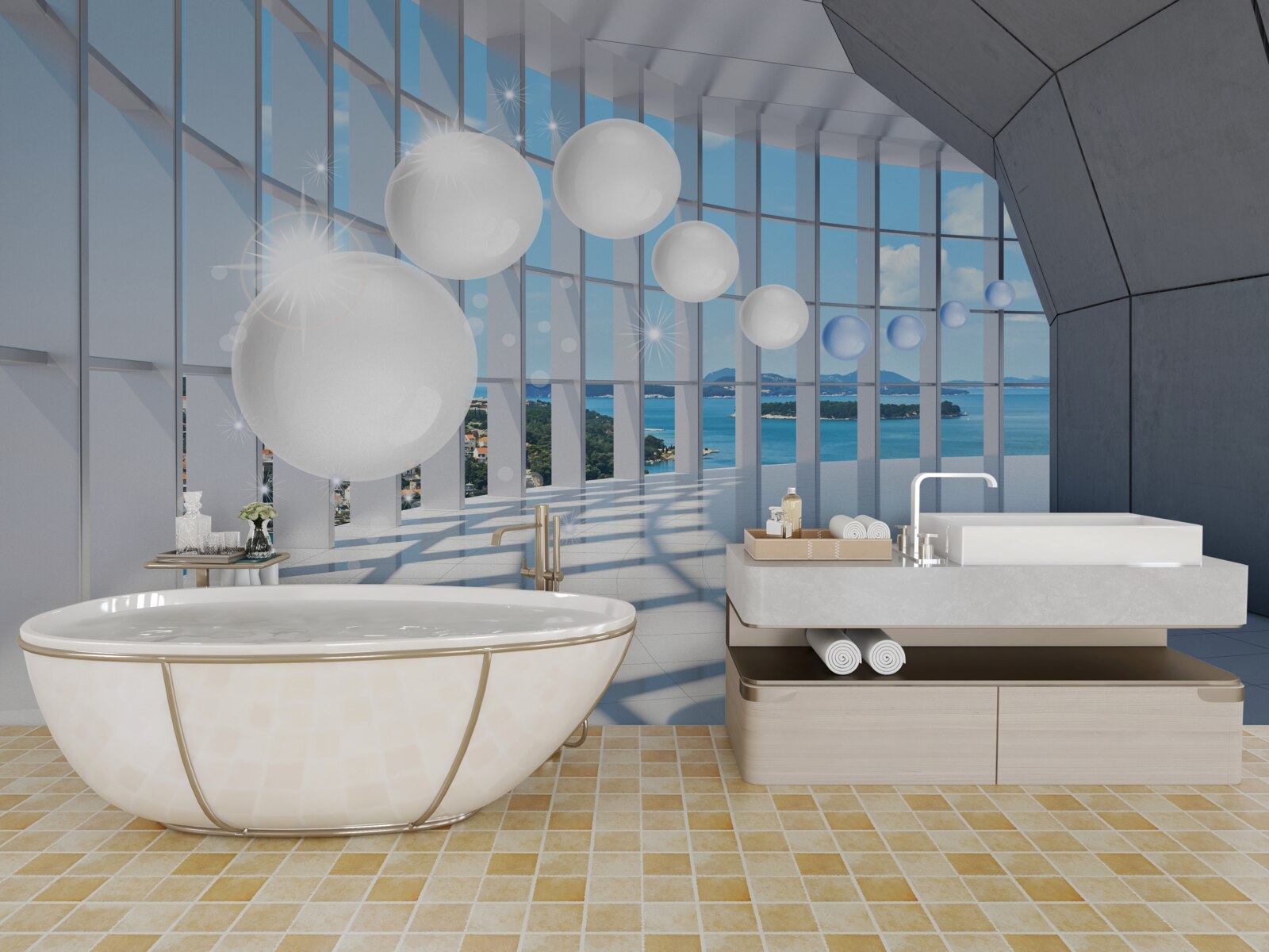 Фотошпалери на тлі неба в тунель влітають білі кульки