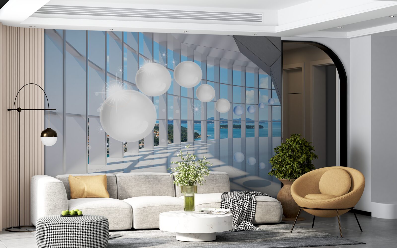 Фотошпалери на тлі неба в тунель влітають білі кульки