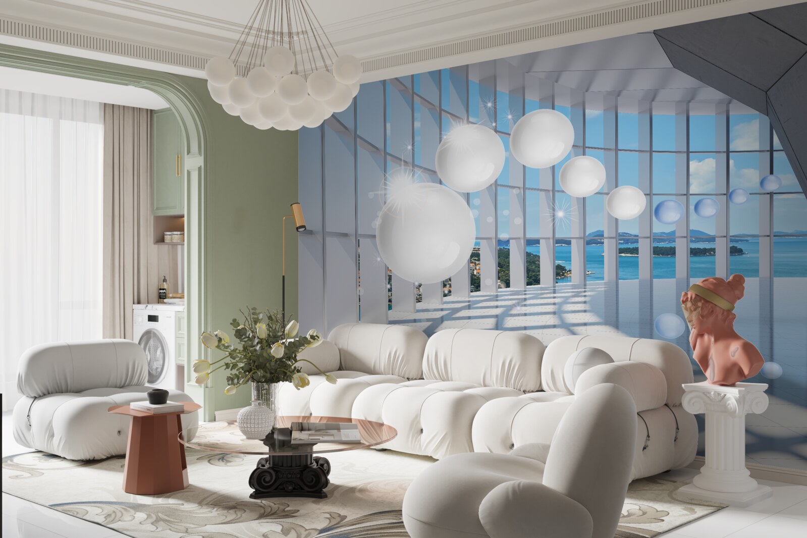 Фотошпалери на тлі неба в тунель влітають білі кульки