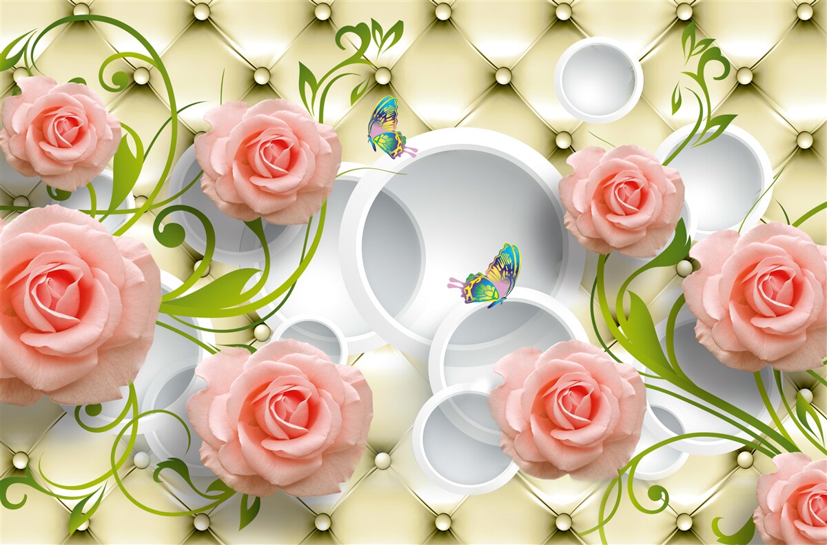 Фотошпалери метелики та троянди в рожевому кольорі