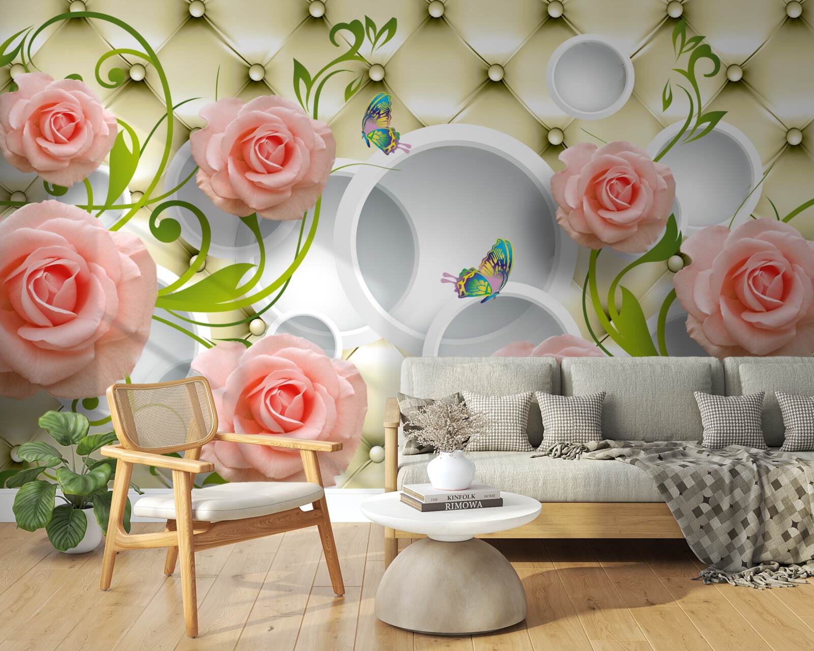 Фотошпалери метелики та троянди в рожевому кольорі