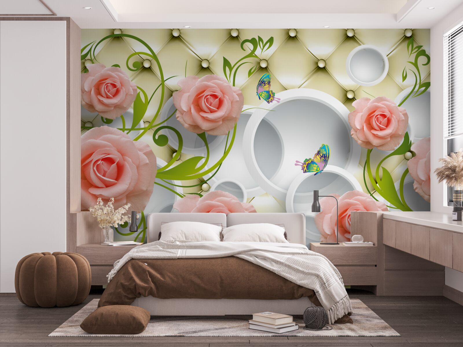 Фотошпалери метелики та троянди в рожевому кольорі