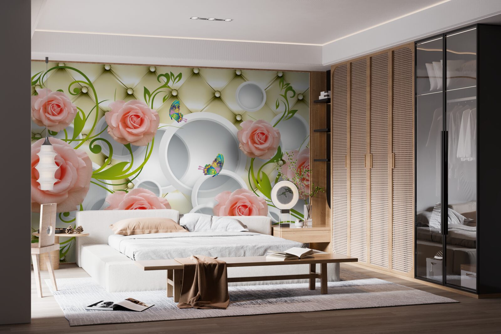 Фотошпалери метелики та троянди в рожевому кольорі